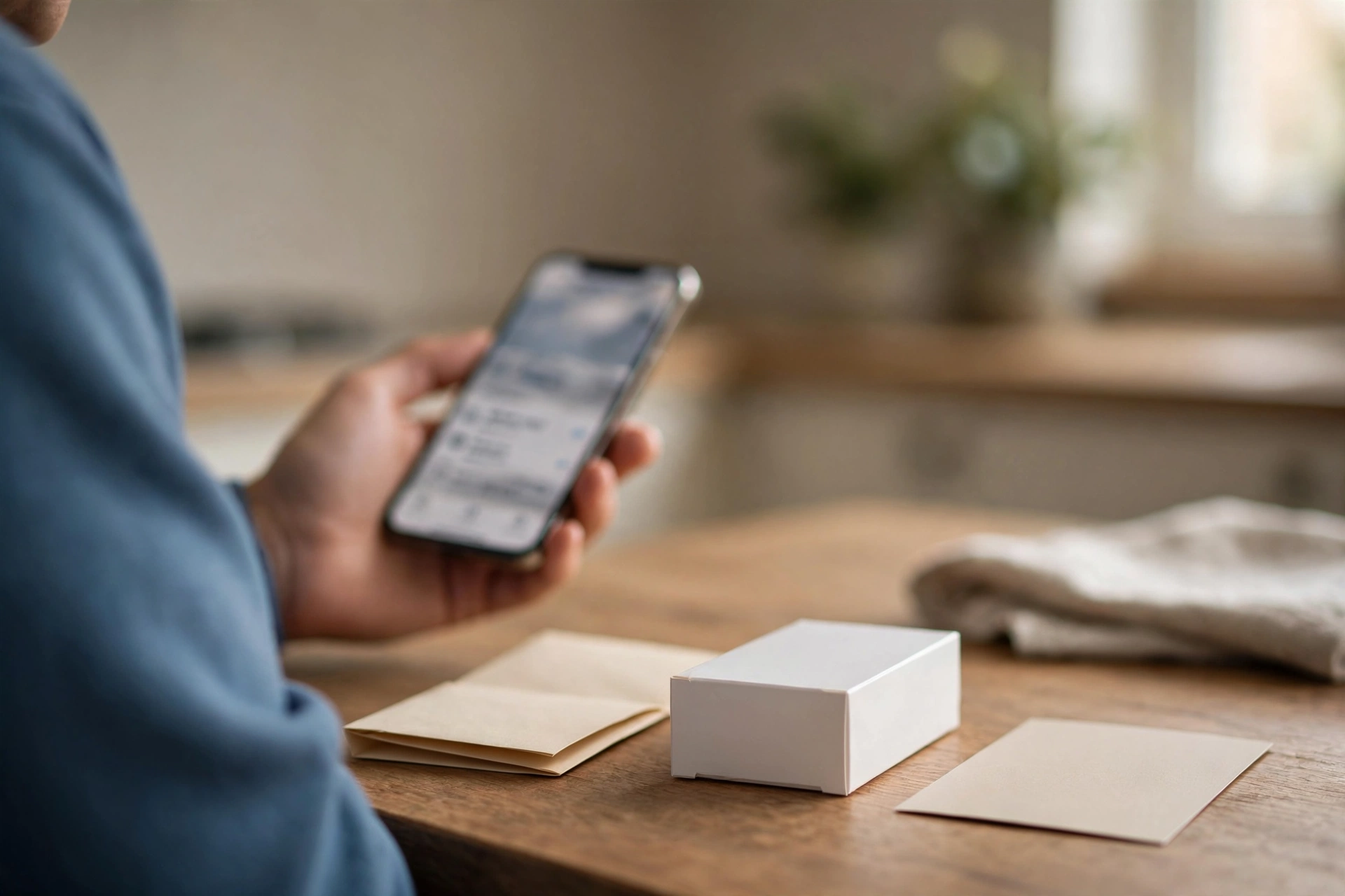Pessoa confere no celular se o medicamento indicado na receita é elegível para desconto.
