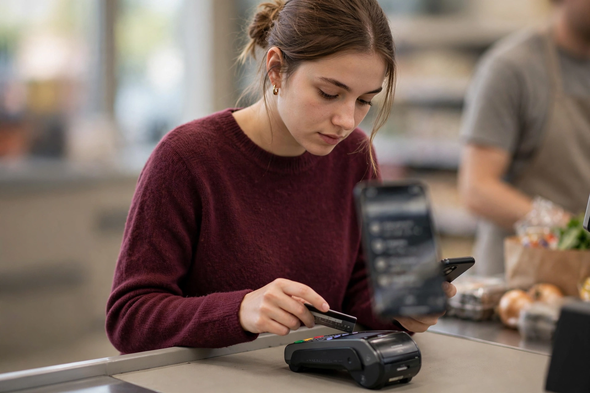 Cliente paga compras no supermercado com cartão enquanto consulta no celular o calendário de parcelas.