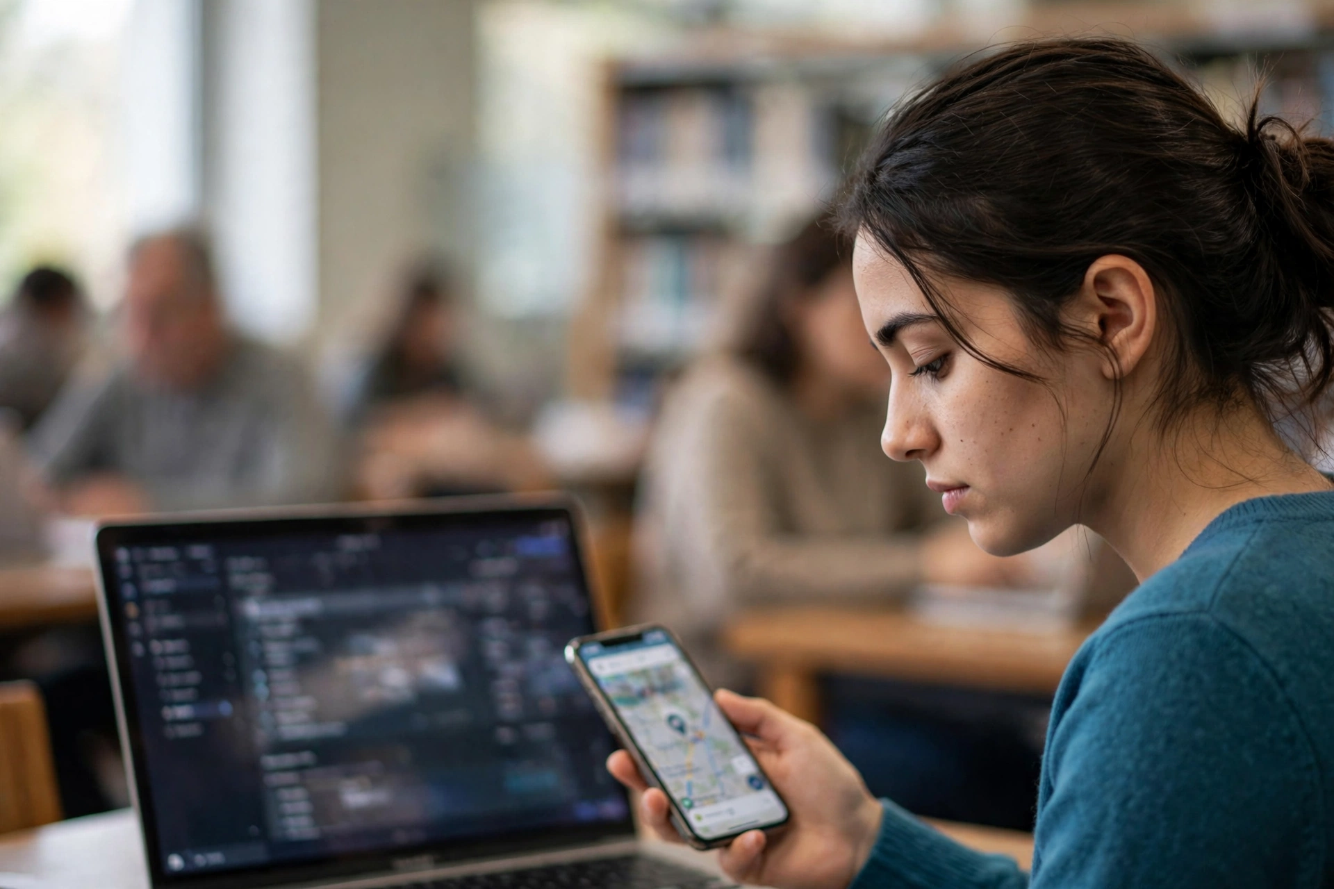 Estudante verifica no notebook e no celular os dados de uma escola de idiomas.