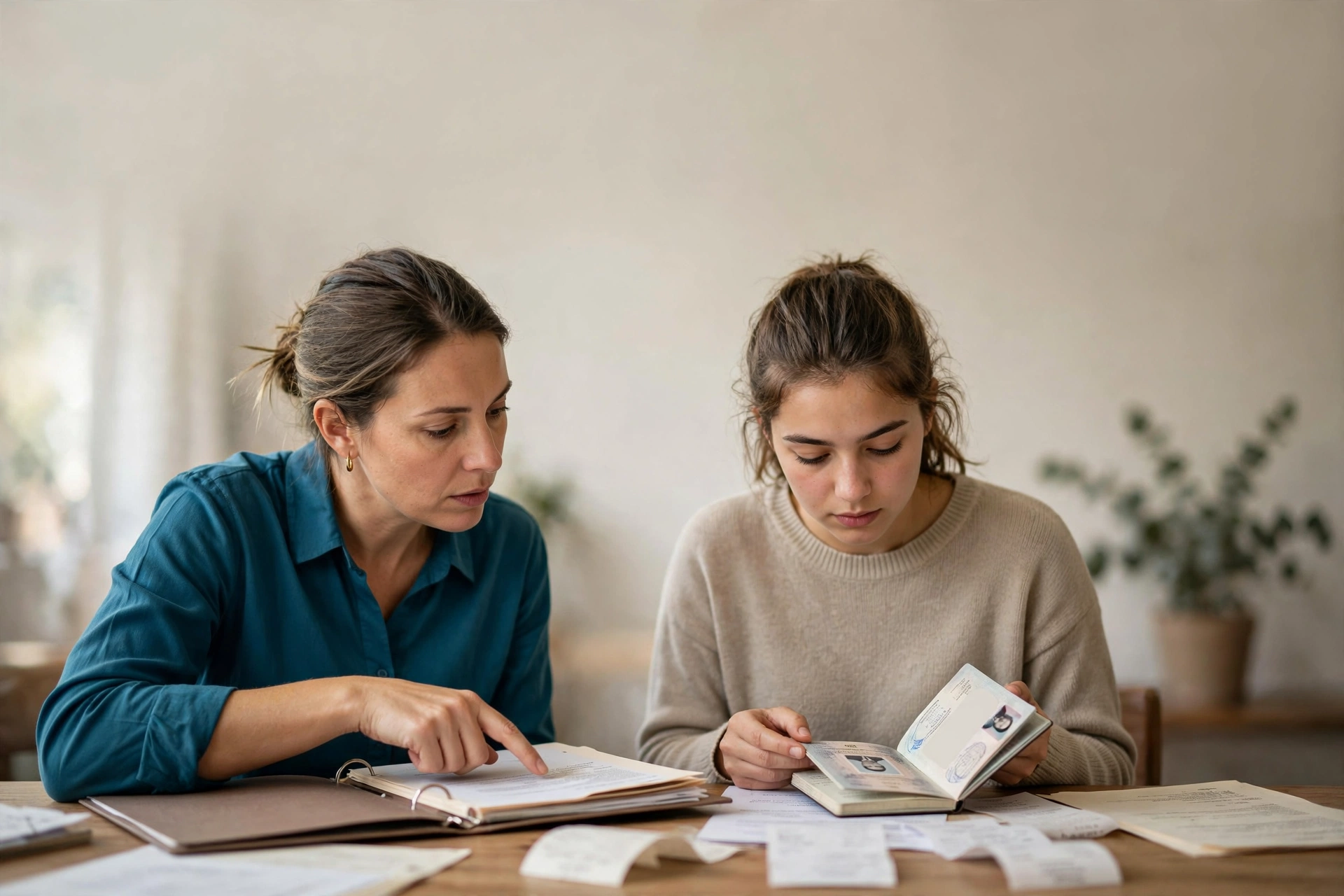 Consultora e estudante revisam documentos necessários para o visto.