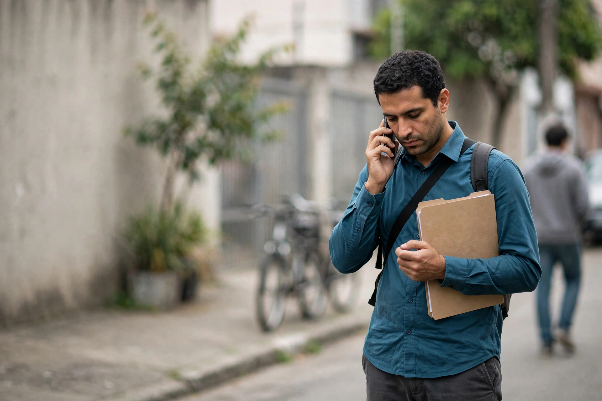 Homem liga para uma clínica enquanto verifica opções de atendimento no celular.
