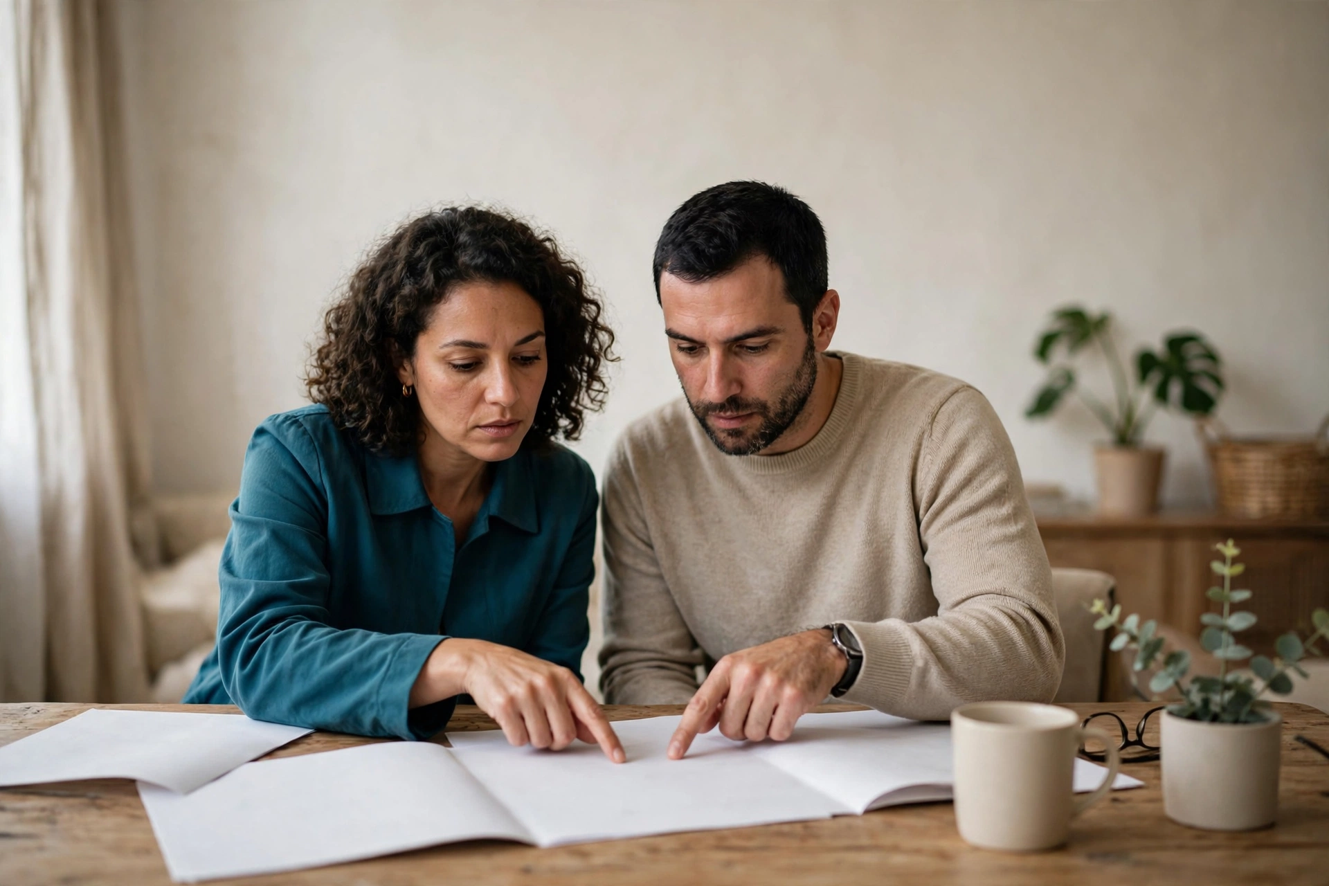 Casal lê e confere cláusulas de um contrato sobre a mesa de casa.