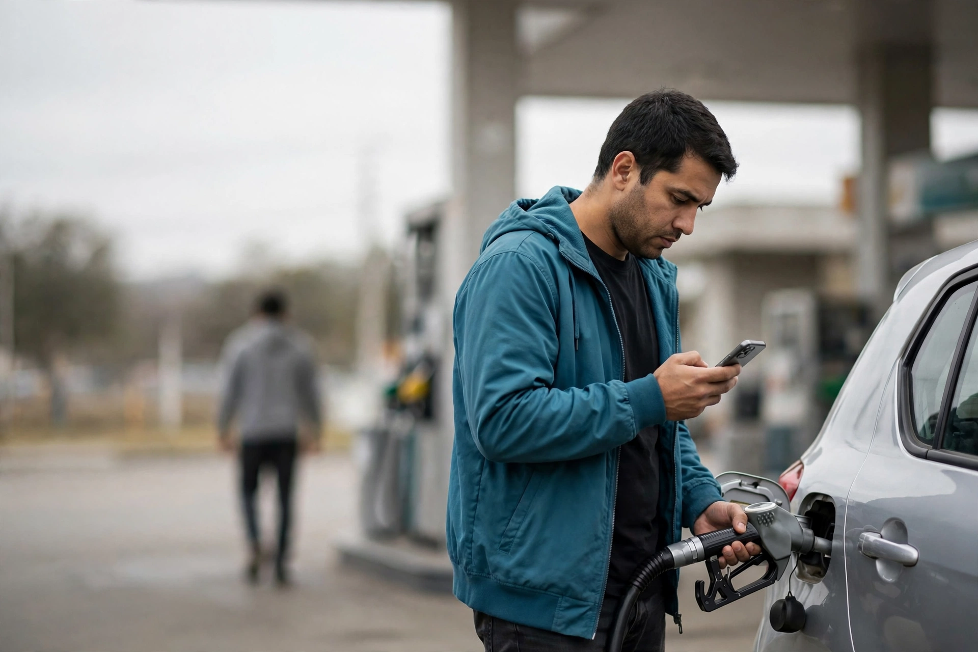 Motorista abastece o carro e verifica no celular um benefício de combustível.