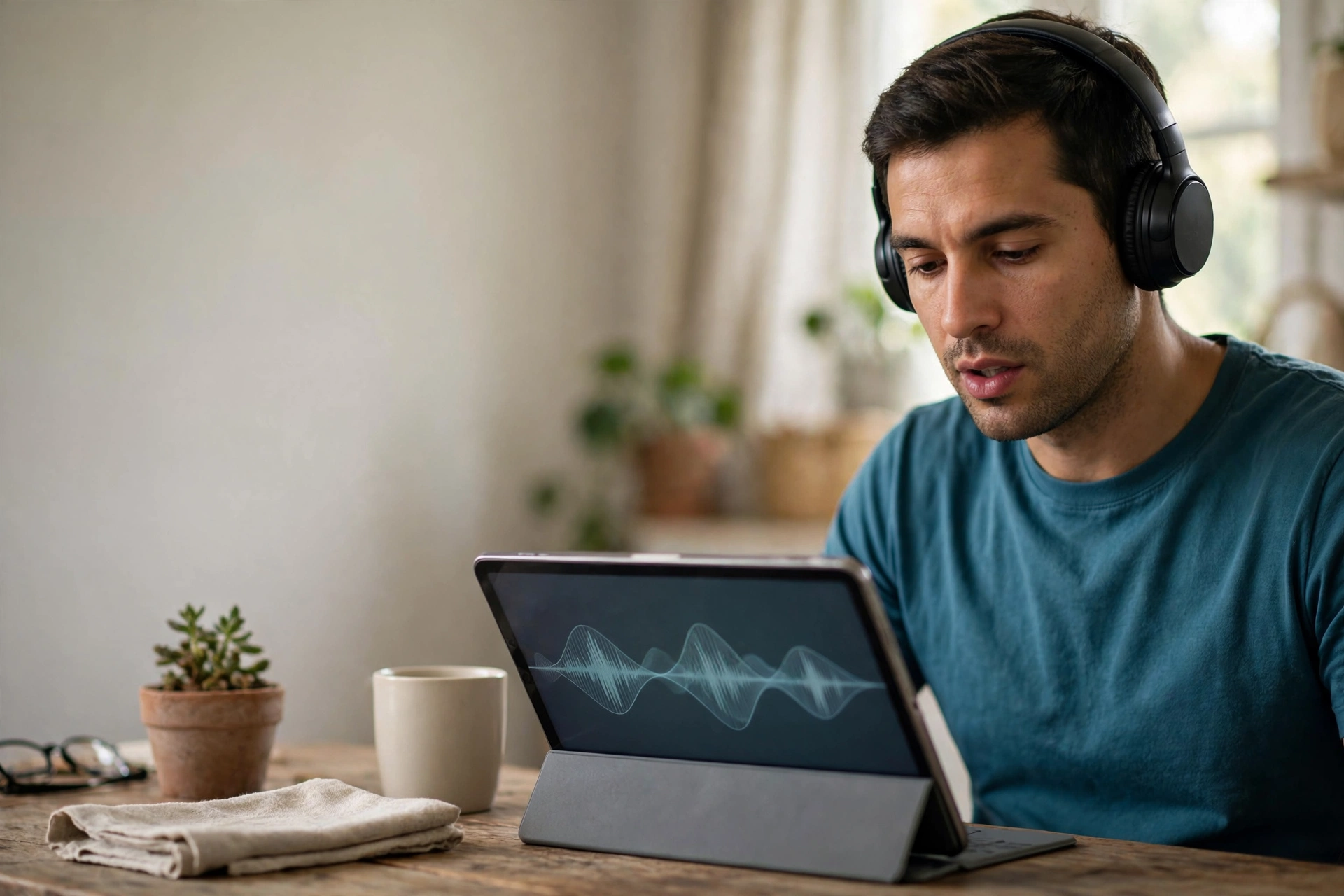 Homem pratica pronúncia em inglês com fones de ouvido e tablet em casa.