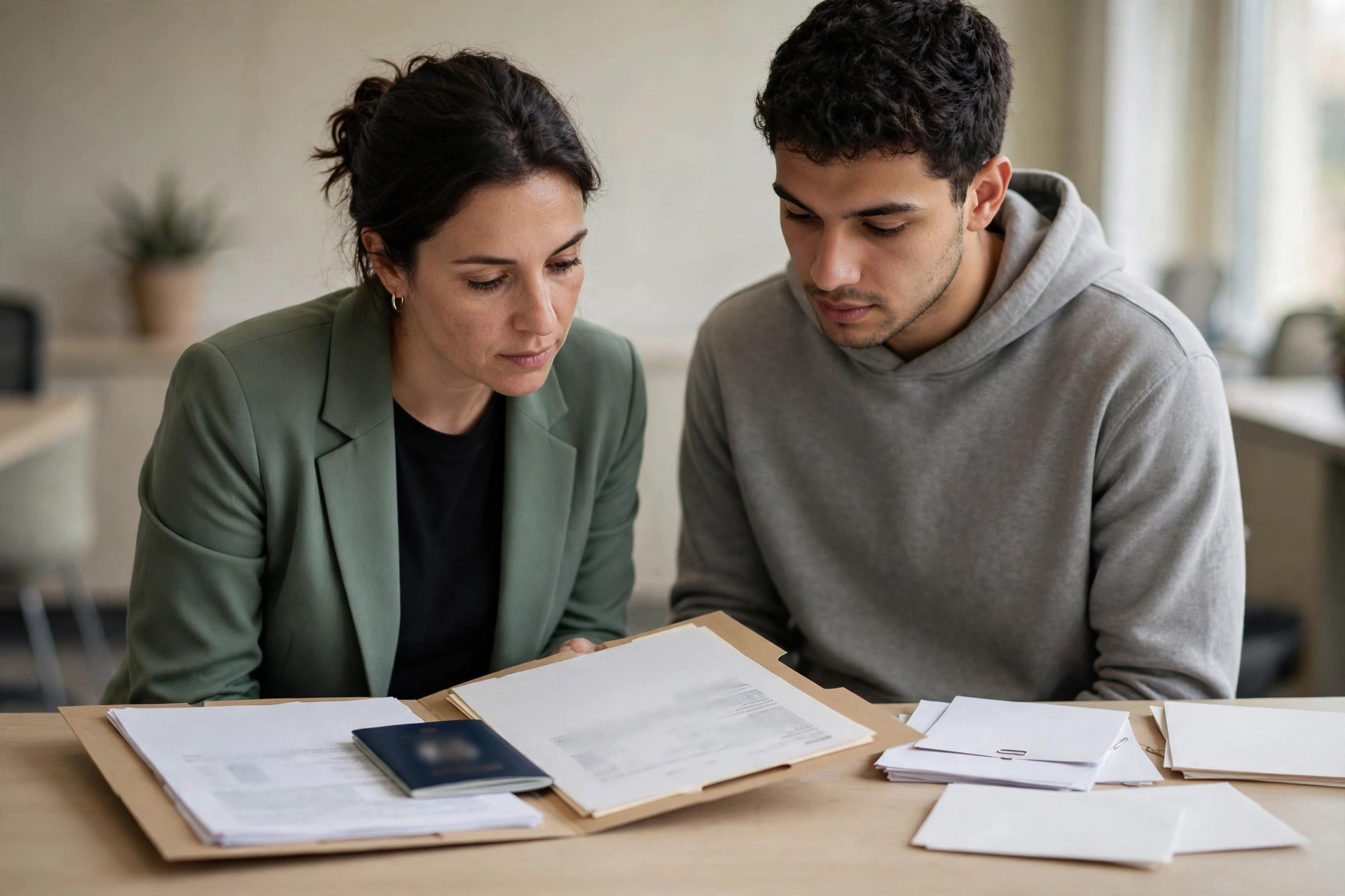 Estudante e funcionária universitária verificam documentos necessários para o pedido de visto.