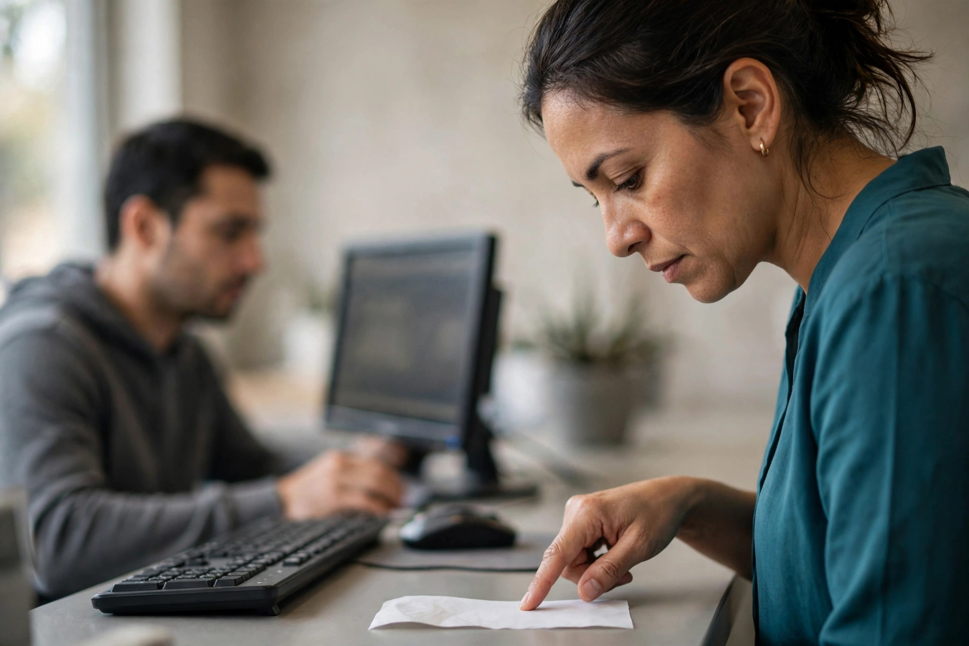 Cliente e atendente verificam juntos a data de um pagamento durante o atendimento.