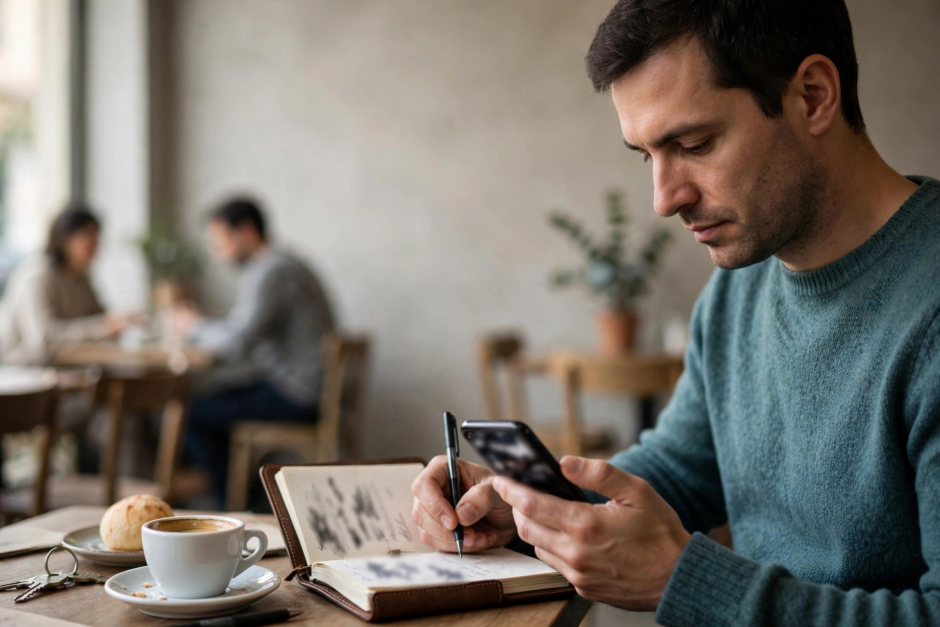 Homem confere o histórico de cobranças de uma assinatura no celular e registra as datas em uma agenda.