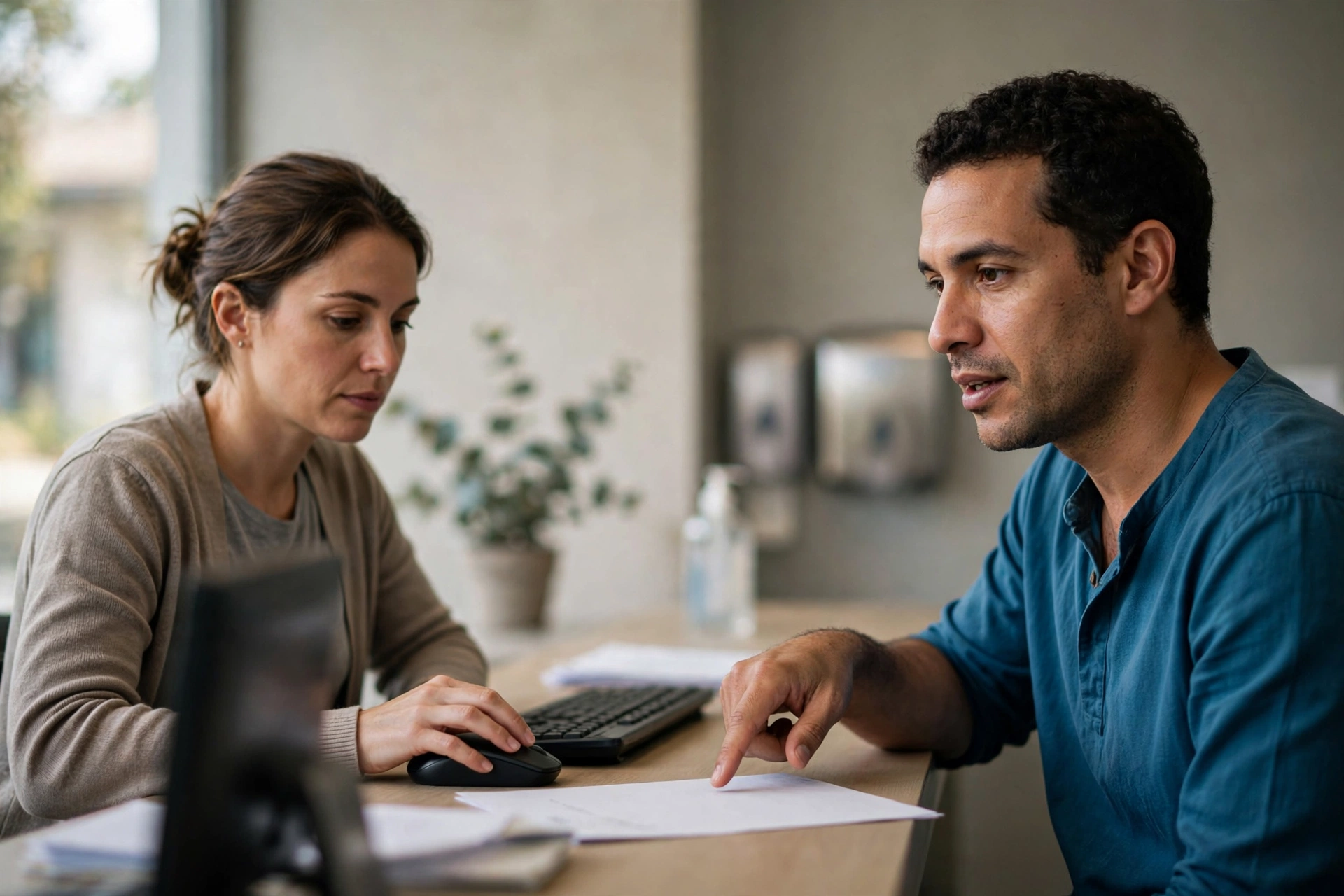 Cliente e atendente de laboratório verificam se um exame faz parte do benefício antes do atendimento.