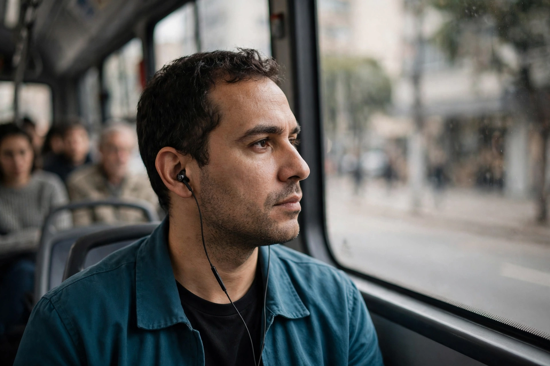 Passageiro de ônibus ouve um audiolivro com fones enquanto acompanha o movimento da cidade pela janela.