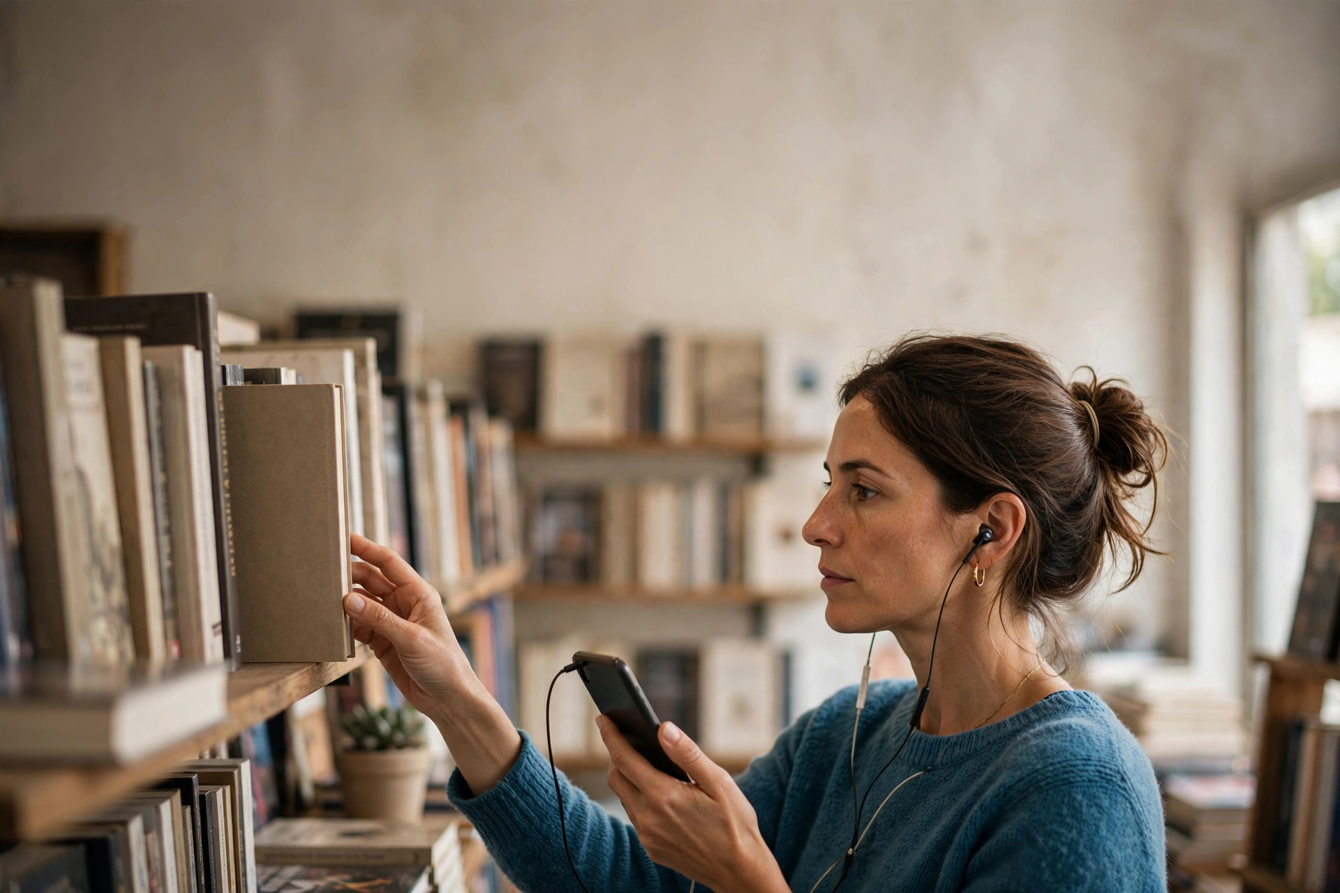 Mulher em uma livraria escolhe um livro e usa o celular com fones para planejar sua rotina de audiolivro.