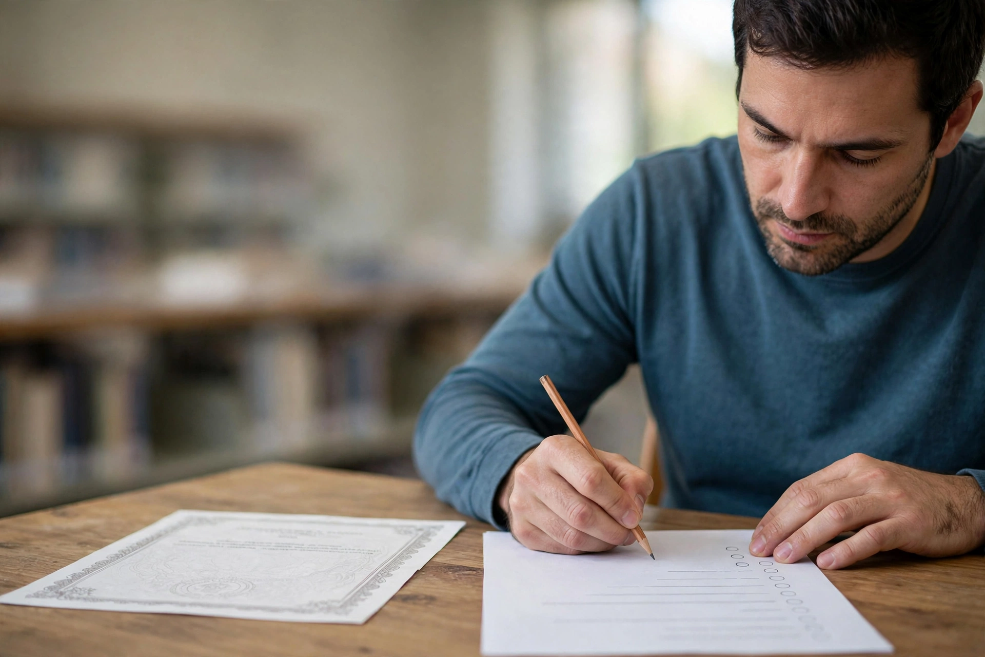 Homem compara um certificado impresso e critérios de curso sobre uma mesa de biblioteca.