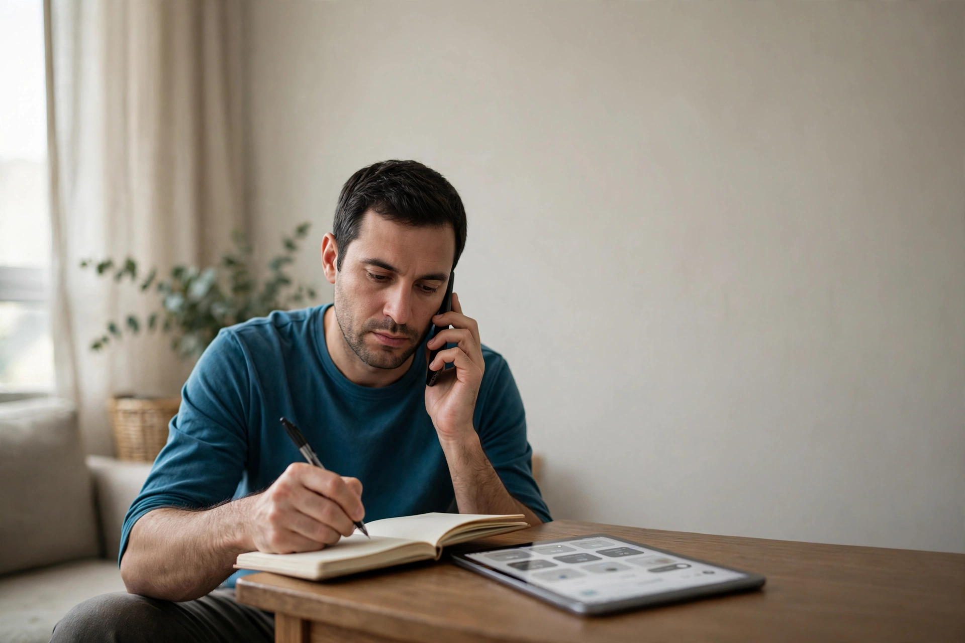 Homem anota o protocolo de atendimento enquanto fala ao telefone sobre um benefício não recebido.