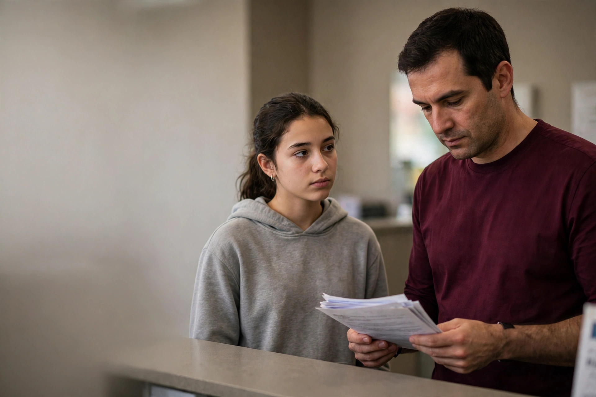 Pai acompanha a filha adolescente para uma consulta em uma clínica próxima de casa.