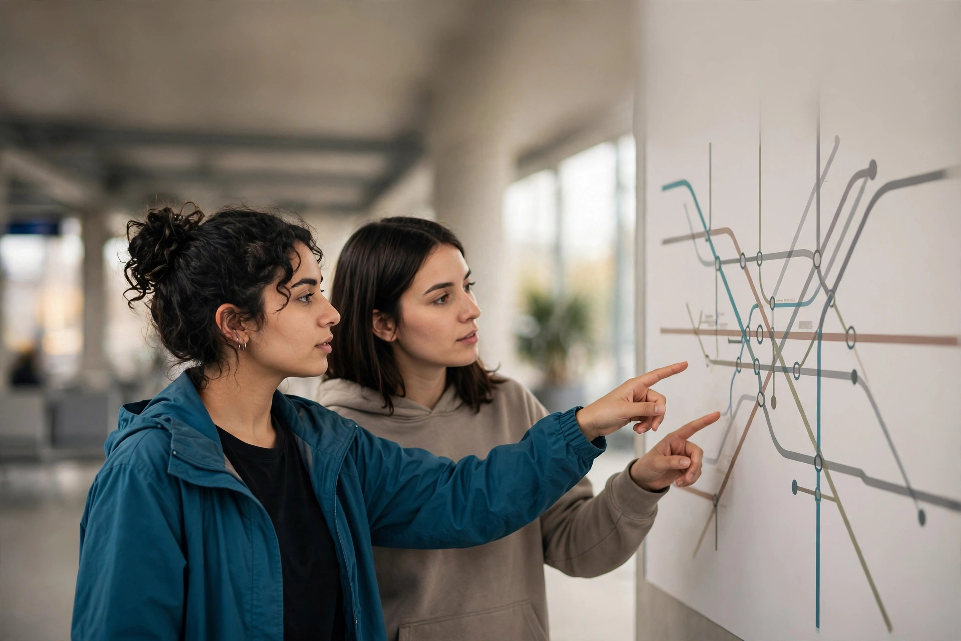 Duas amigas consultam um mapa e as partidas em uma estação enquanto consideram viajar de trem.