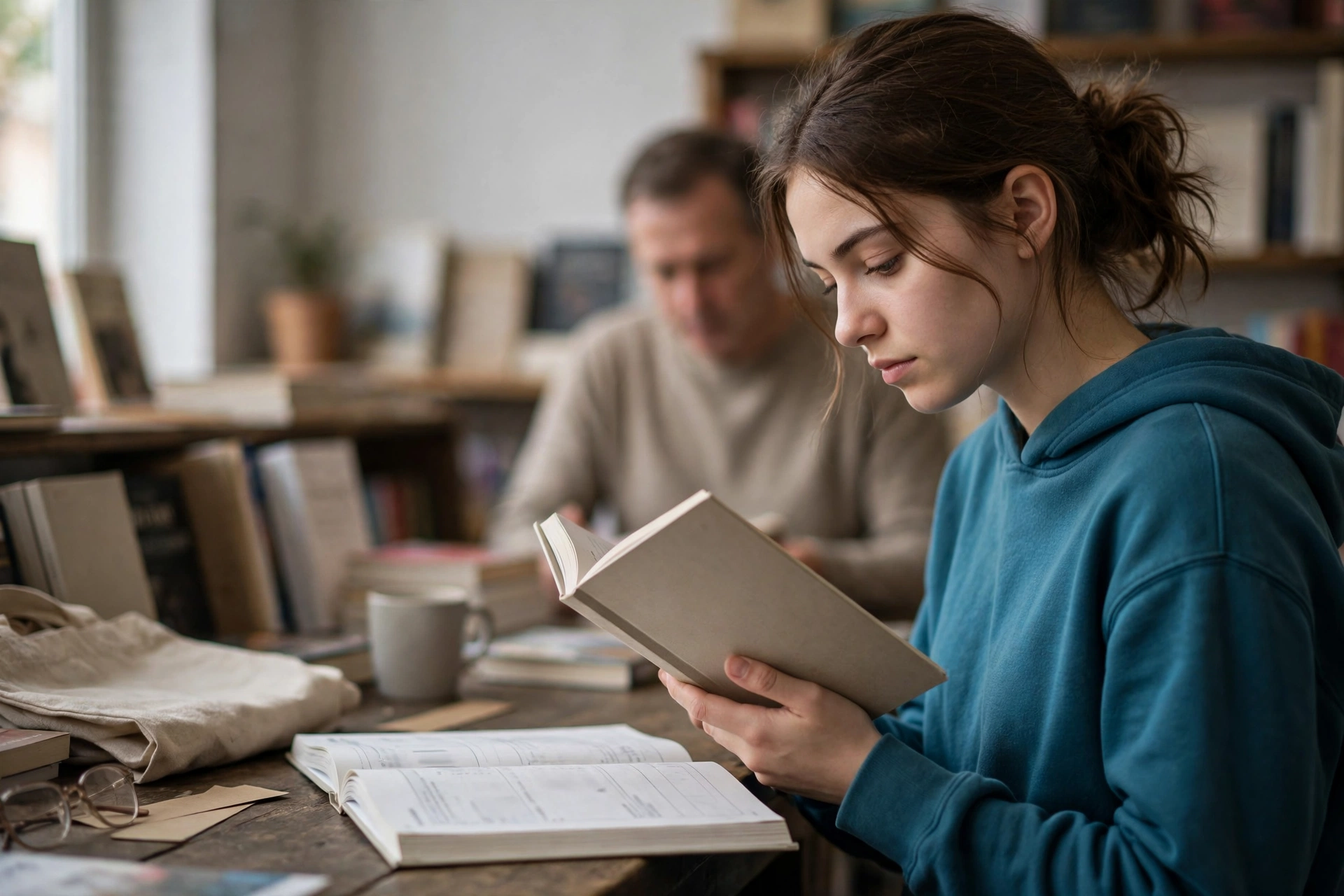 Uma estudante compara materiais de inglês em uma livraria antes de fazer a compra.