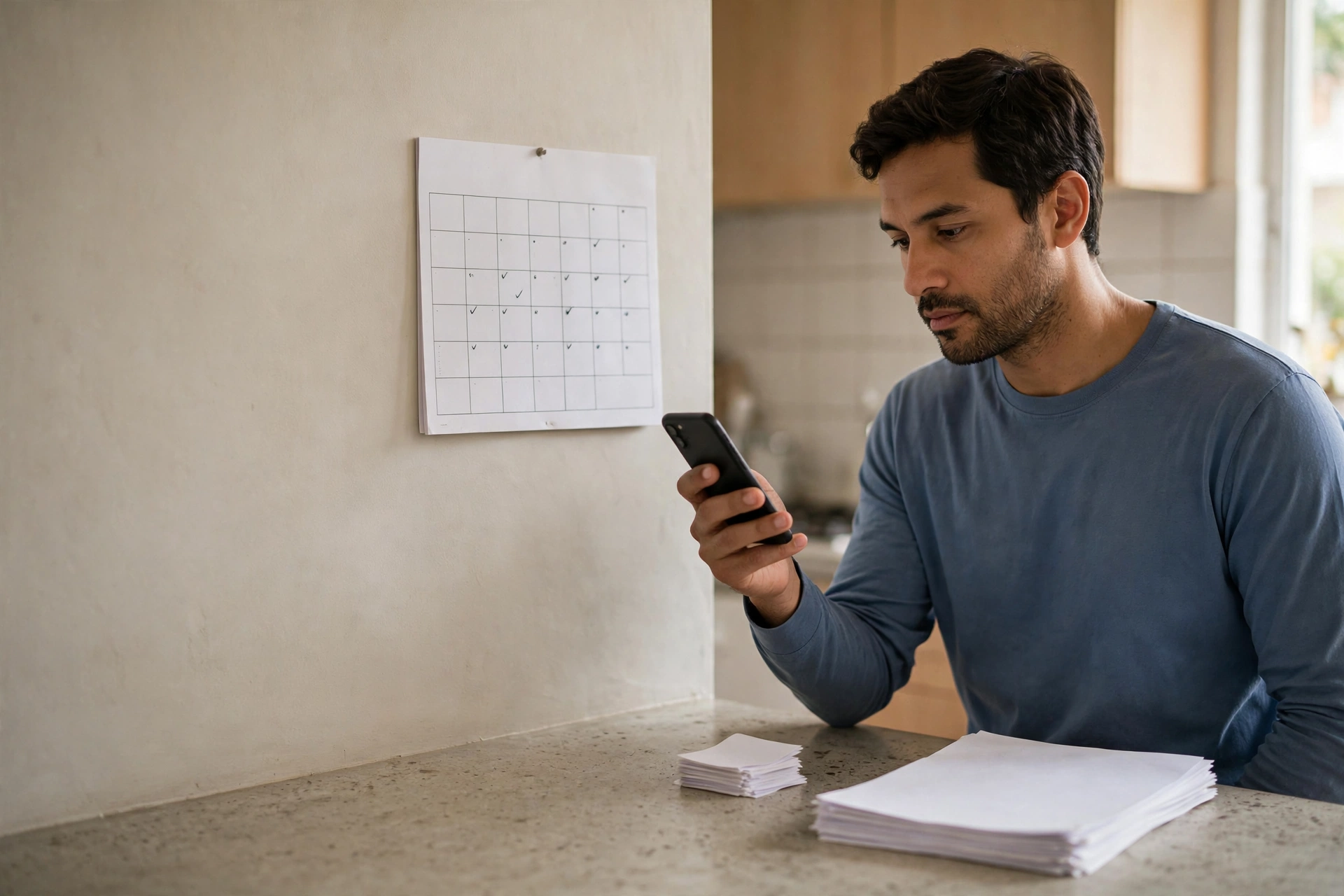Homem confere no celular a data de uma solicitação e compara com um calendário e documentos.