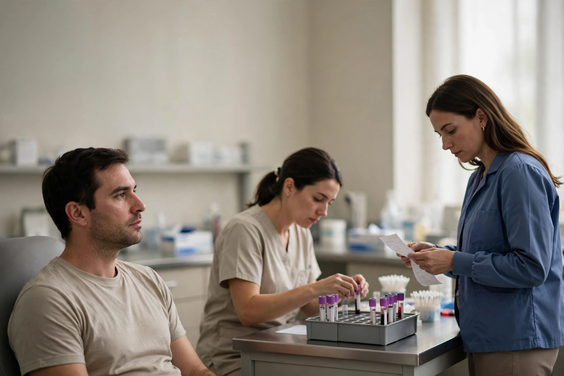 Família usa um laboratório particular para realizar exames com preço reduzido.