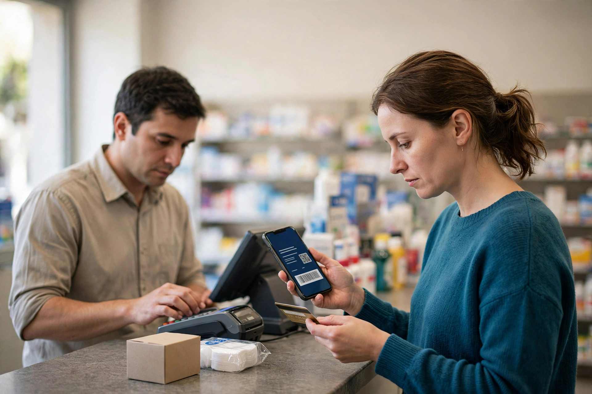 Cliente usa um cartão de descontos em saúde ao comprar medicamentos em uma farmácia.