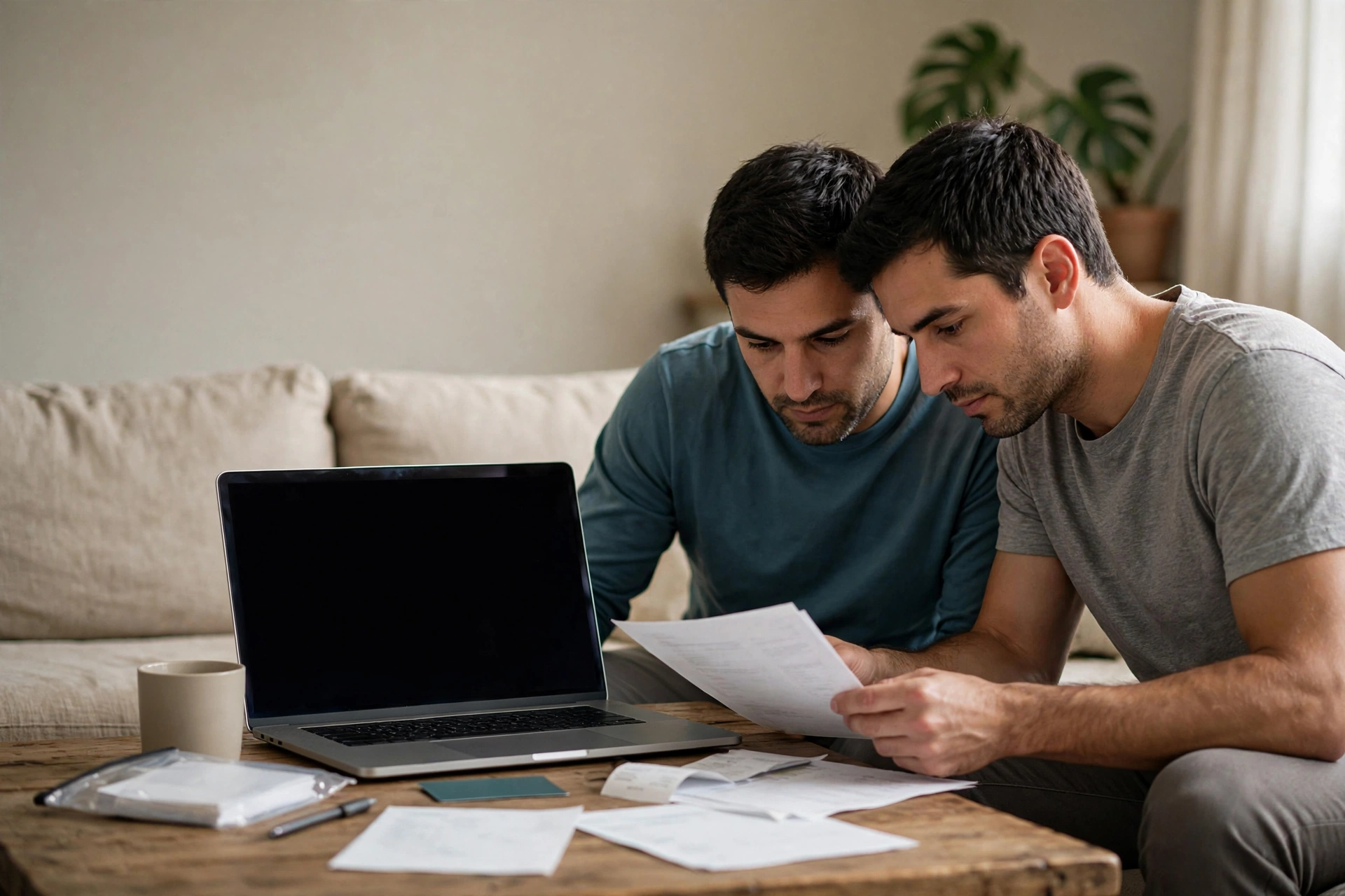 Duas pessoas comparam recibos de saúde, uma planilha no notebook e um cartão de descontos.