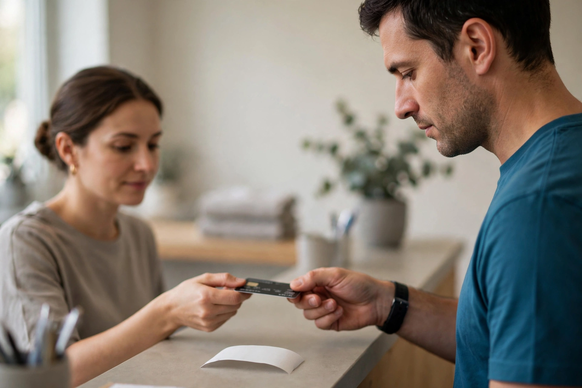 Paciente paga uma consulta na recepção de uma clínica usando um cartão.