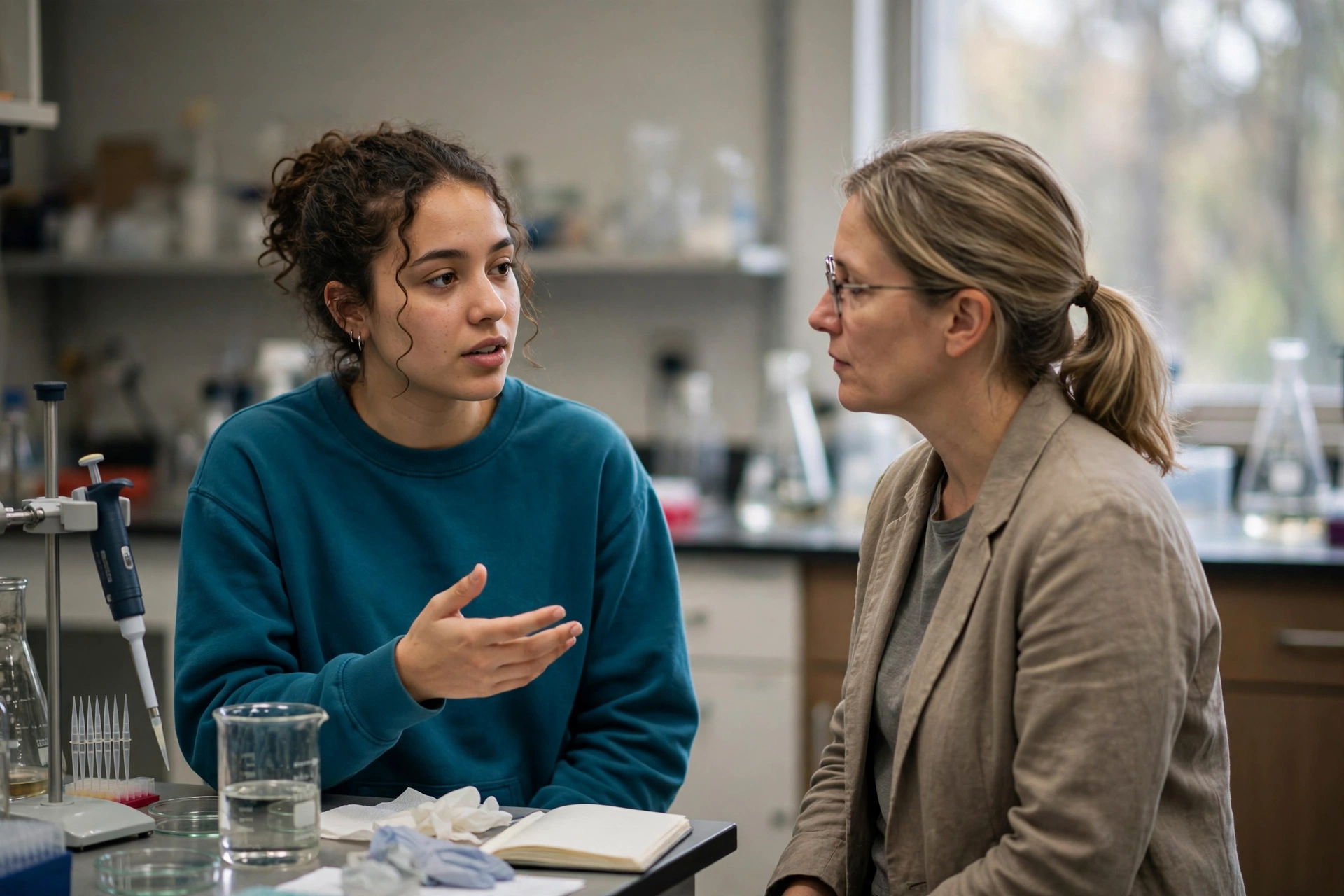 Jovem usa inglês para conversar com uma pesquisadora visitante em um laboratório.