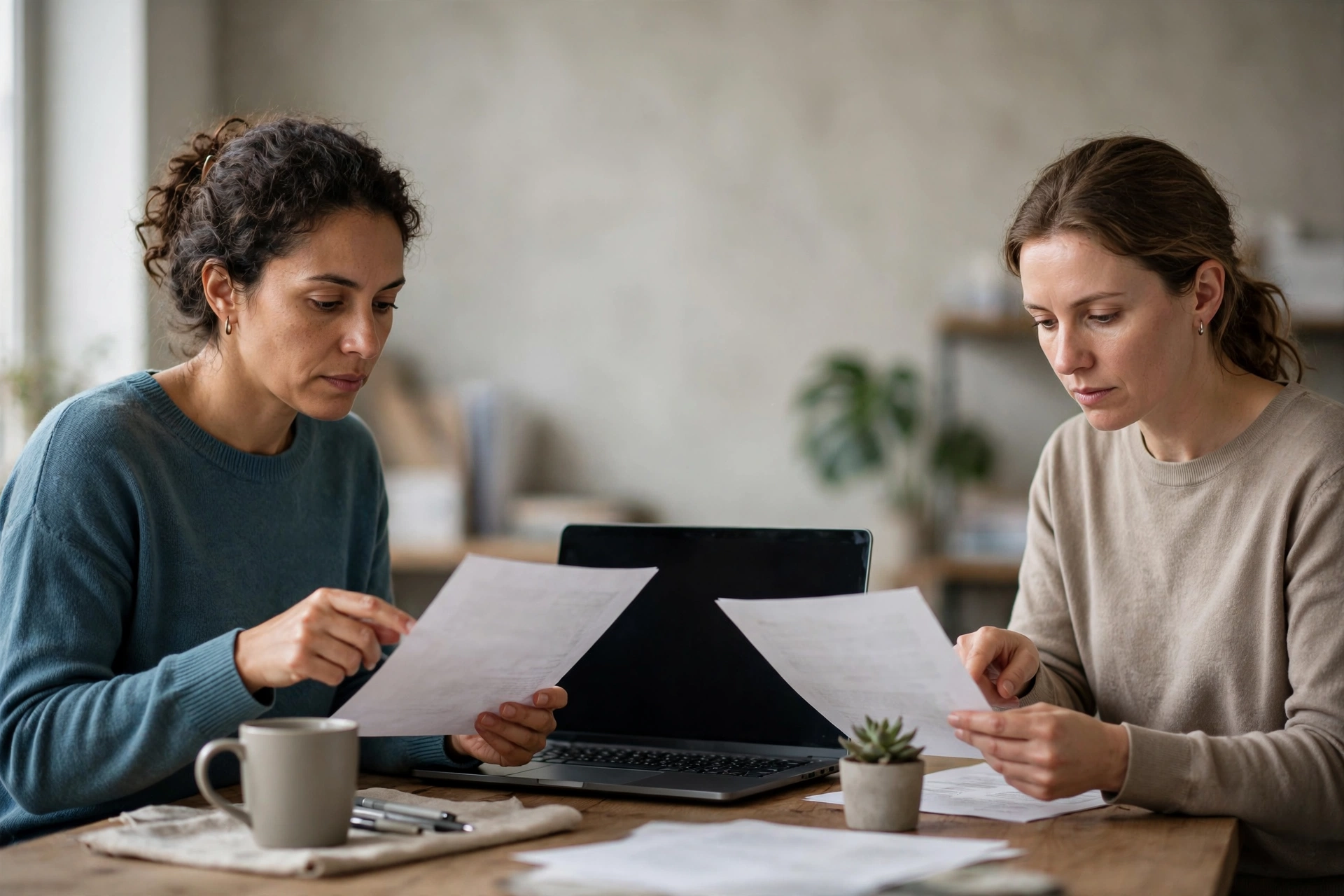 Duas colegas comparam versões impressas de uma mensagem profissional ao lado de um notebook.