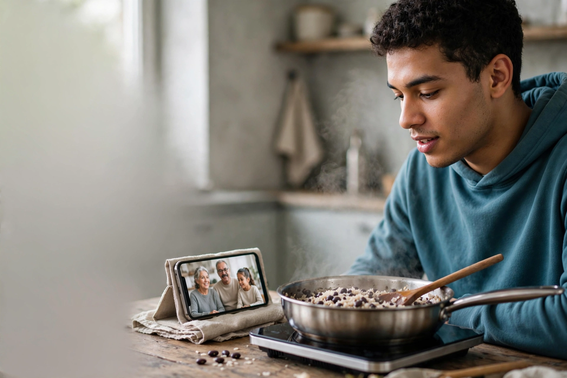 Jovem cozinha uma refeição brasileira enquanto fala por vídeo com a família.