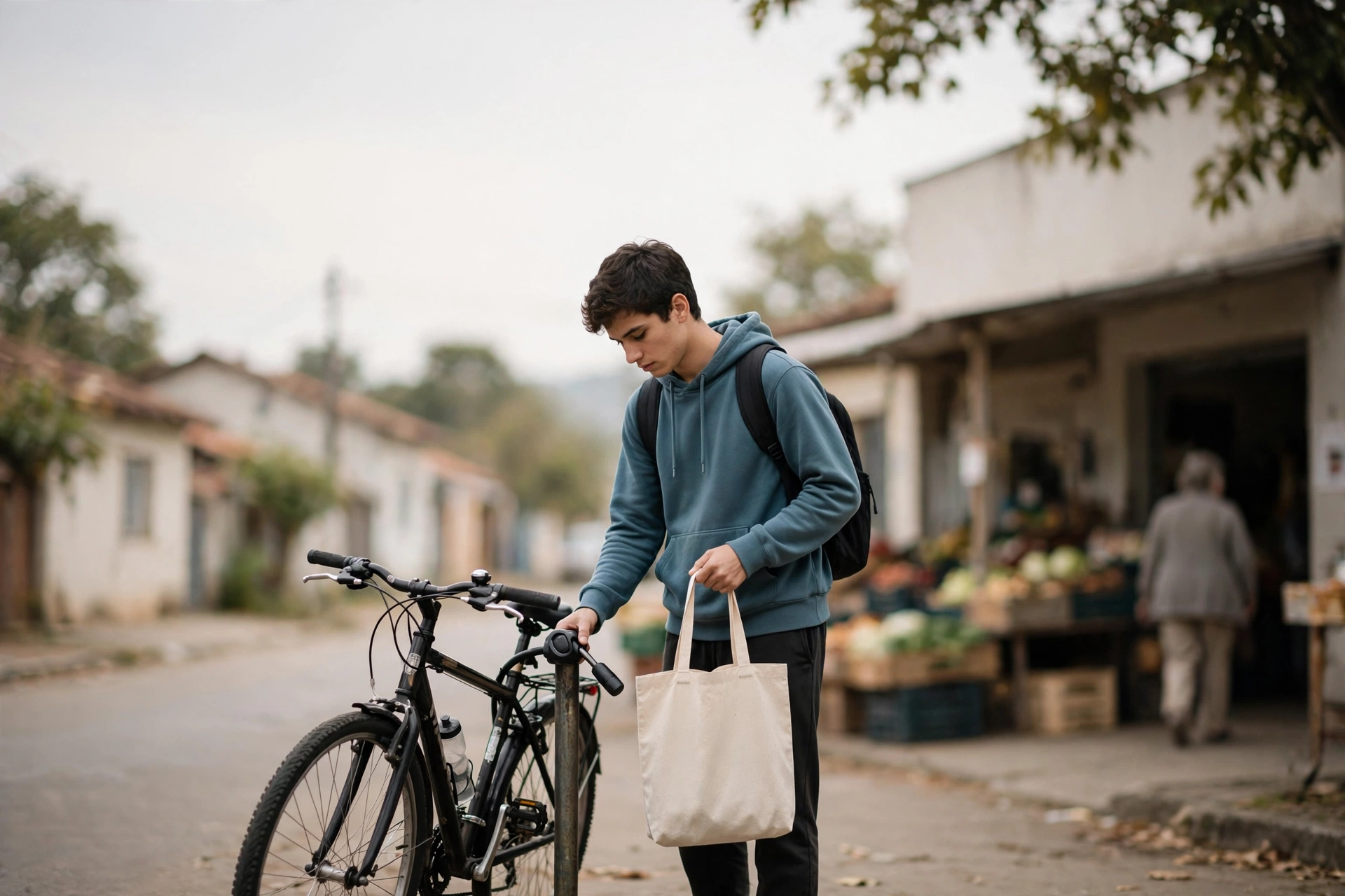 Estudante de bicicleta chega a um mercado em uma rua calma de cidade pequena.
