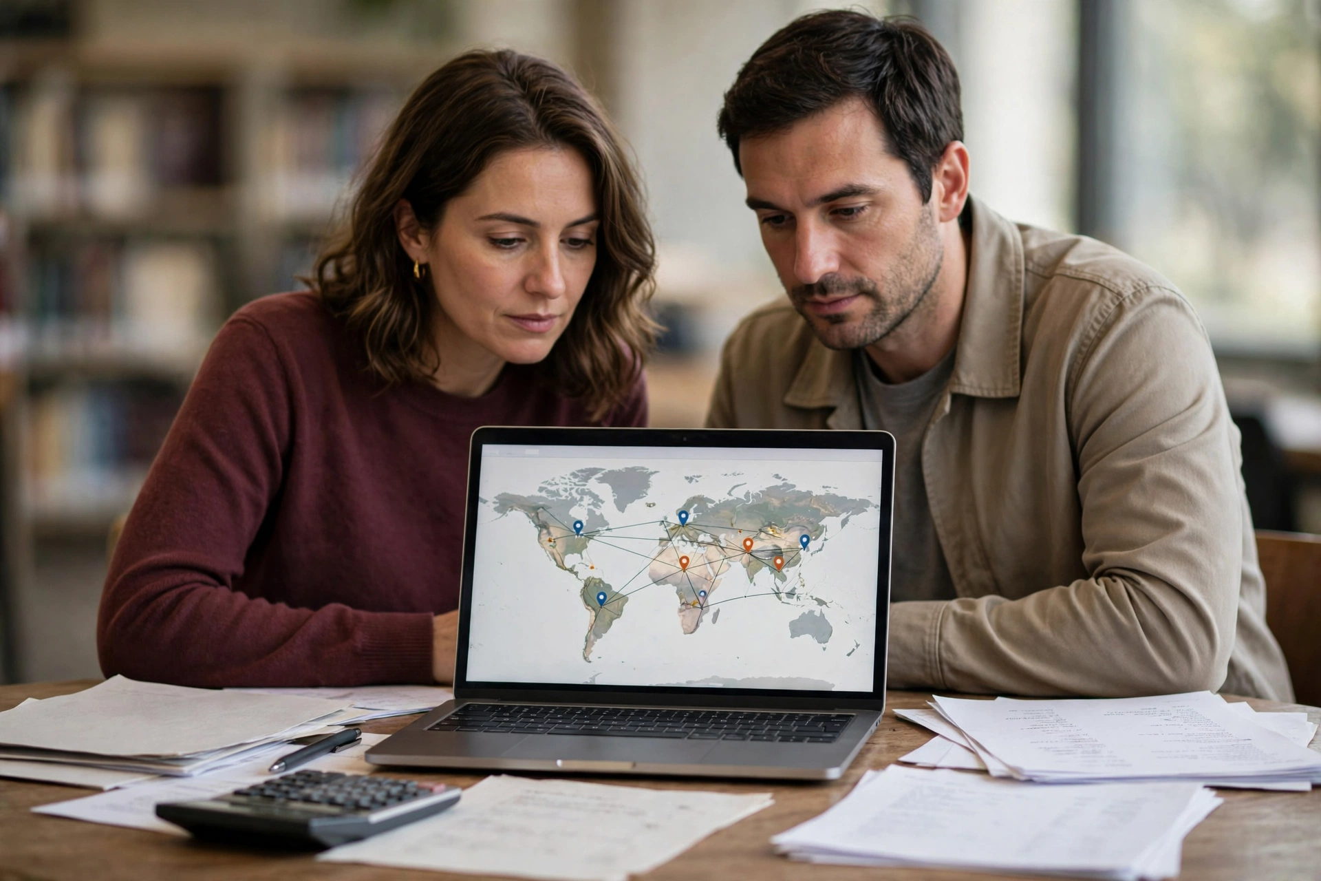 Duas pessoas comparam destinos de intercâmbio em um laptop e em anotações sobre custos.