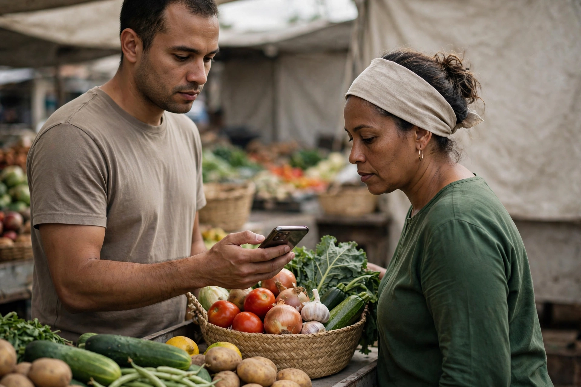 Cliente usa o celular para validar um desconto ao comprar frutas e verduras em uma feira.
