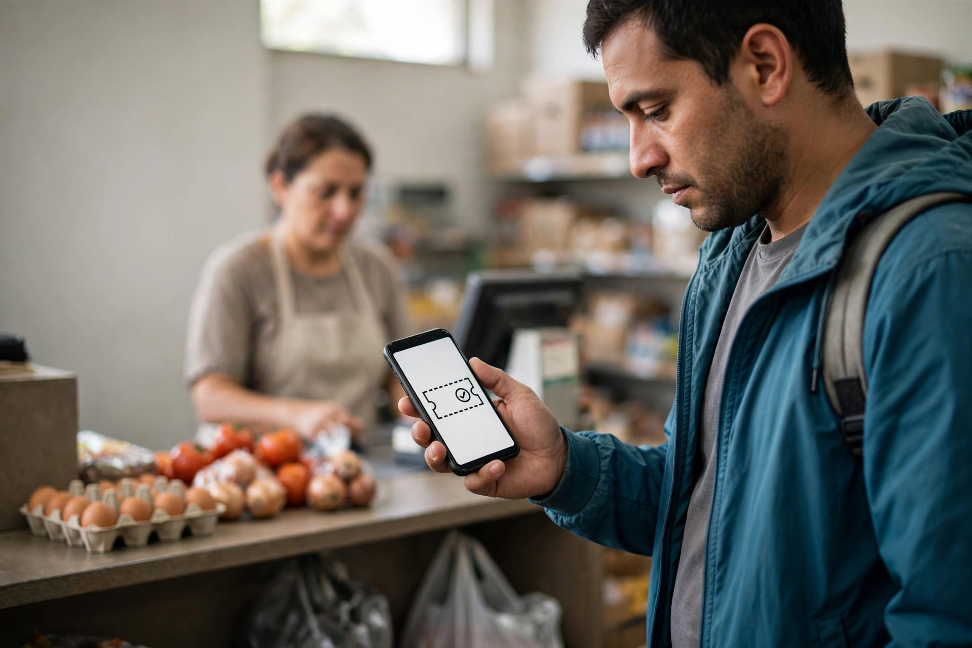 Cliente apresenta um cupom no celular durante o pagamento de compras no supermercado.