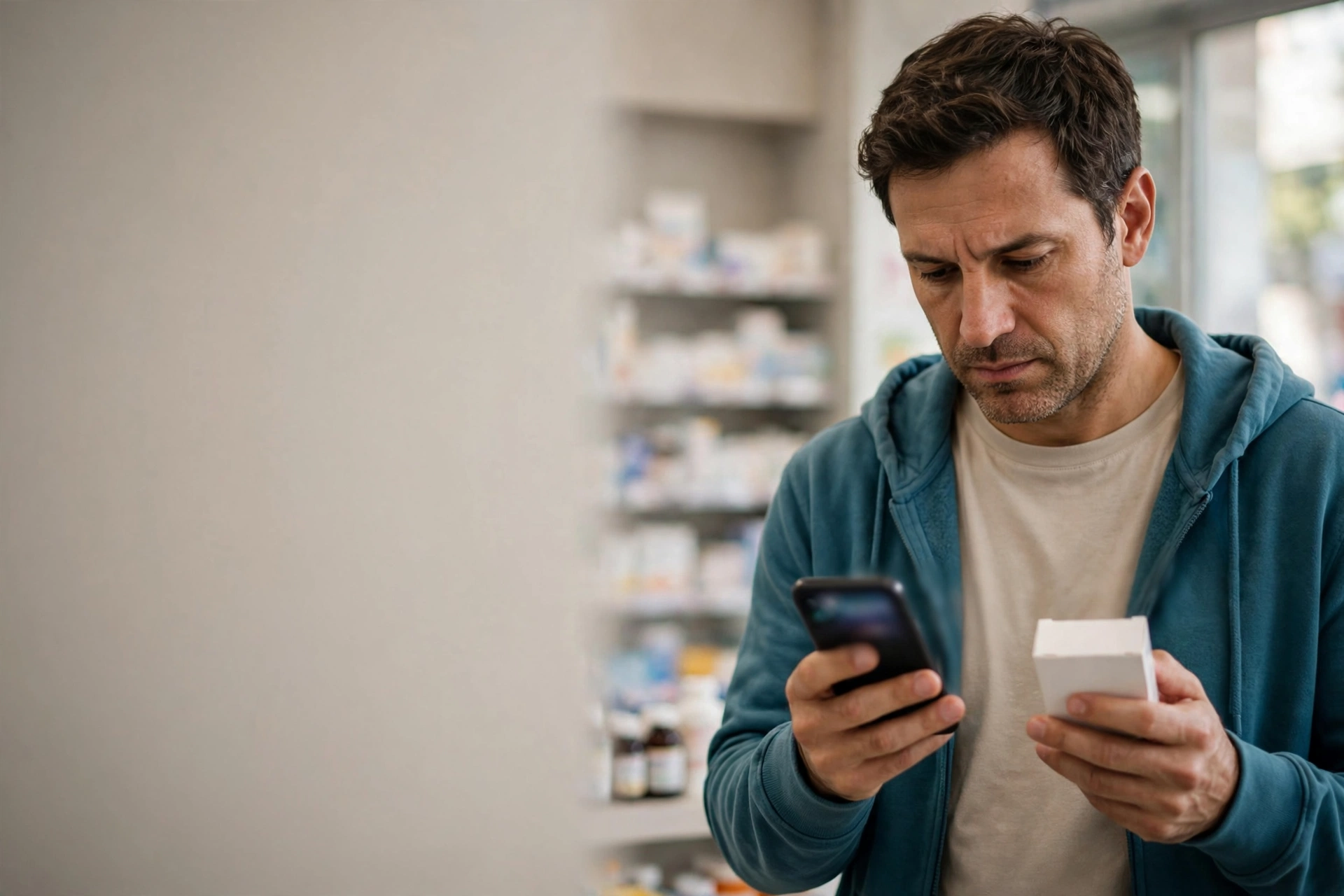 Homem em farmácia compara no celular o benefício disponível para uma compra pontual.