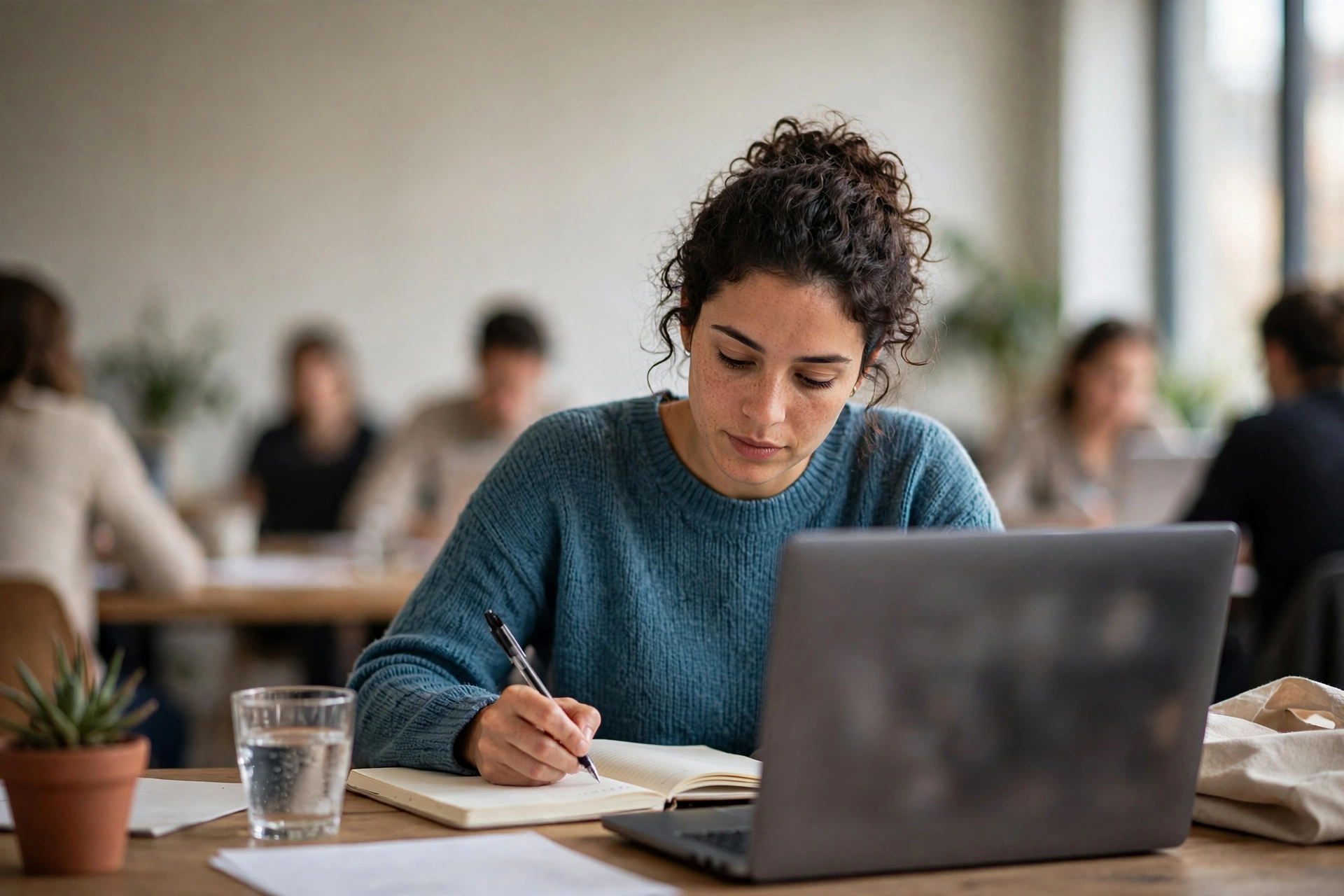 Mulher assiste a uma aula no notebook e toma notas em um espaço de trabalho compartilhado.