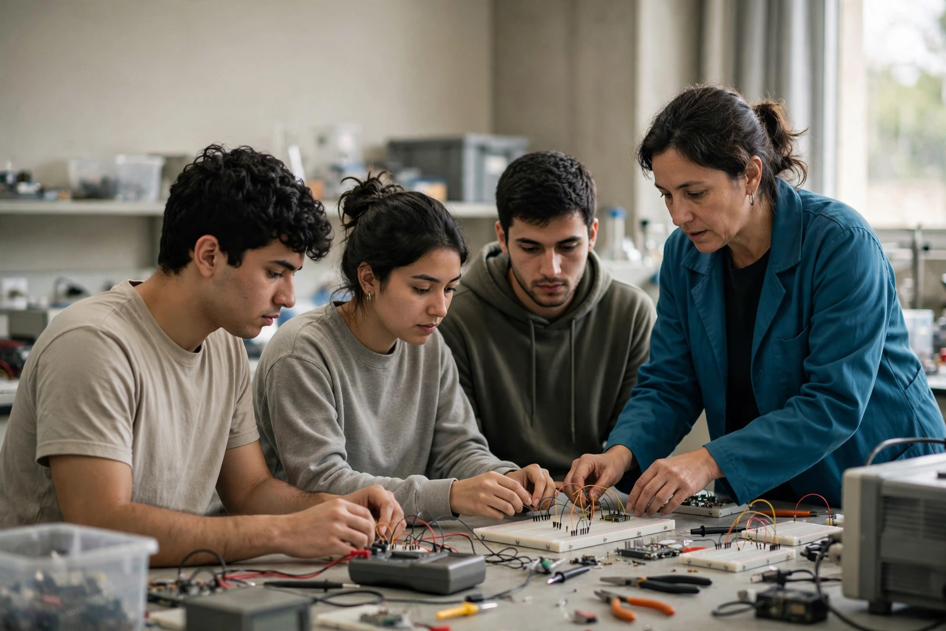 Alunos de graduação realizam uma atividade prática em laboratório universitário de engenharia.