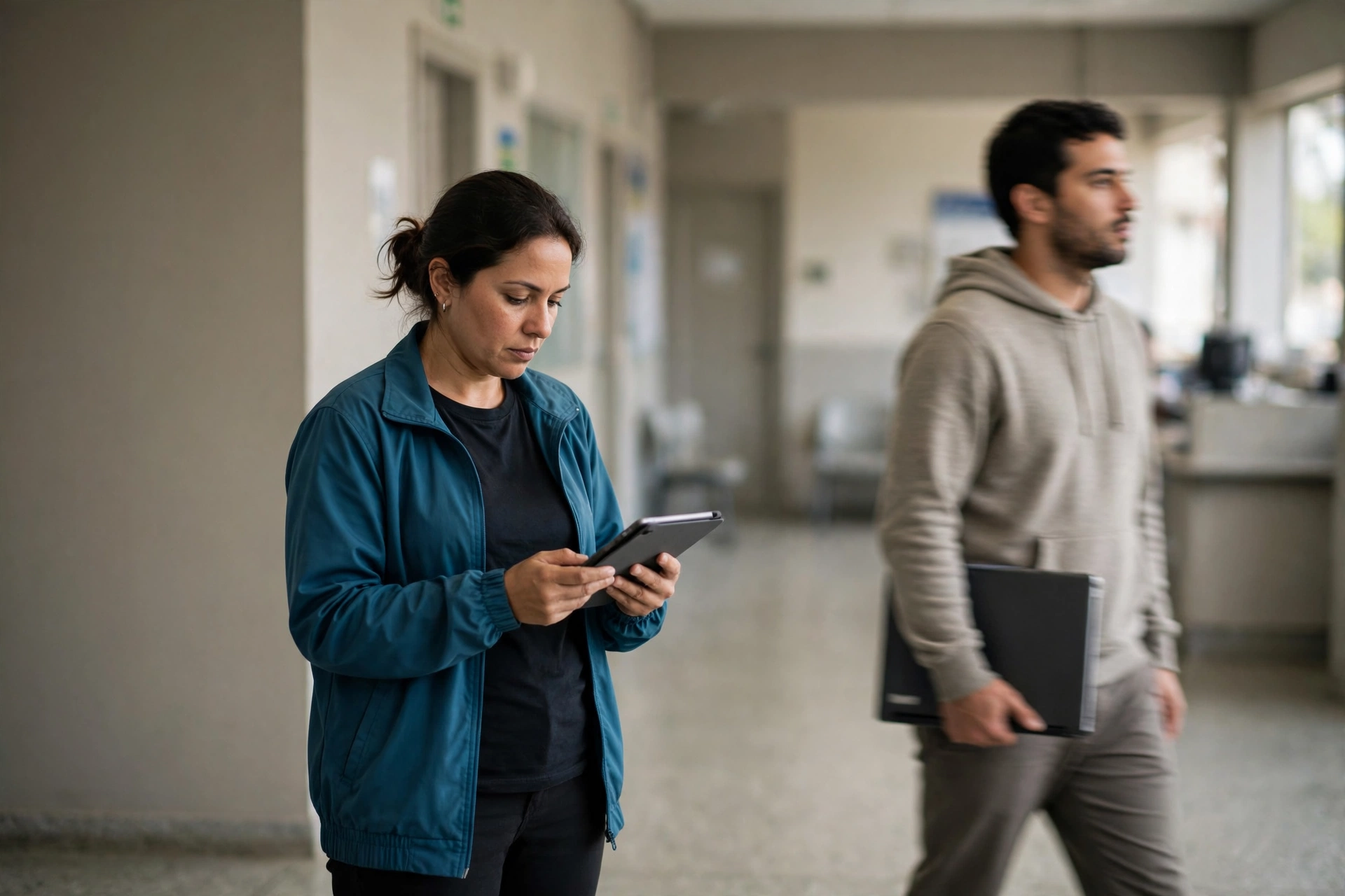 Supervisora verifica a distribuição de chamados em um tablet no corredor do escritório.