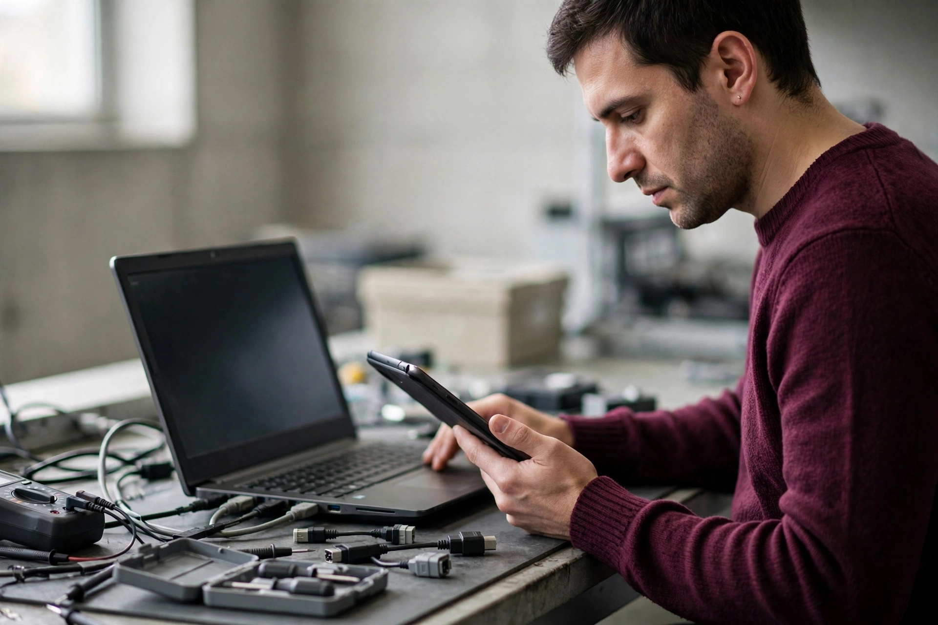 Técnico consulta uma solução enquanto testa um notebook conectado em uma bancada de TI.