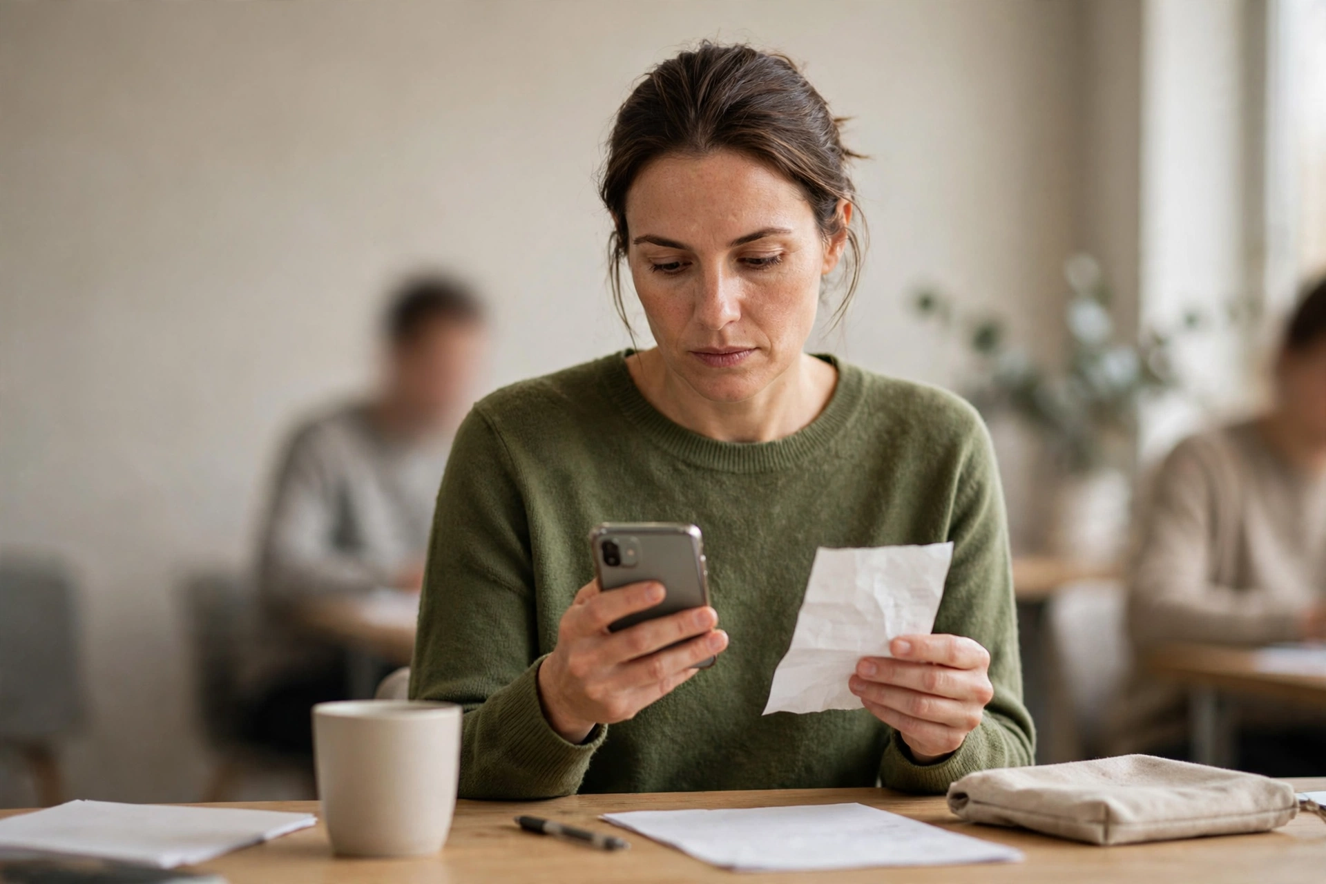 Mulher confere no celular a resposta de um protocolo junto a um comprovante de pagamento.