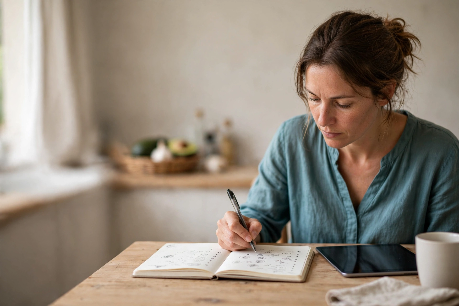 Uma mulher revisa no caderno anotações feitas após uma conversa em inglês.