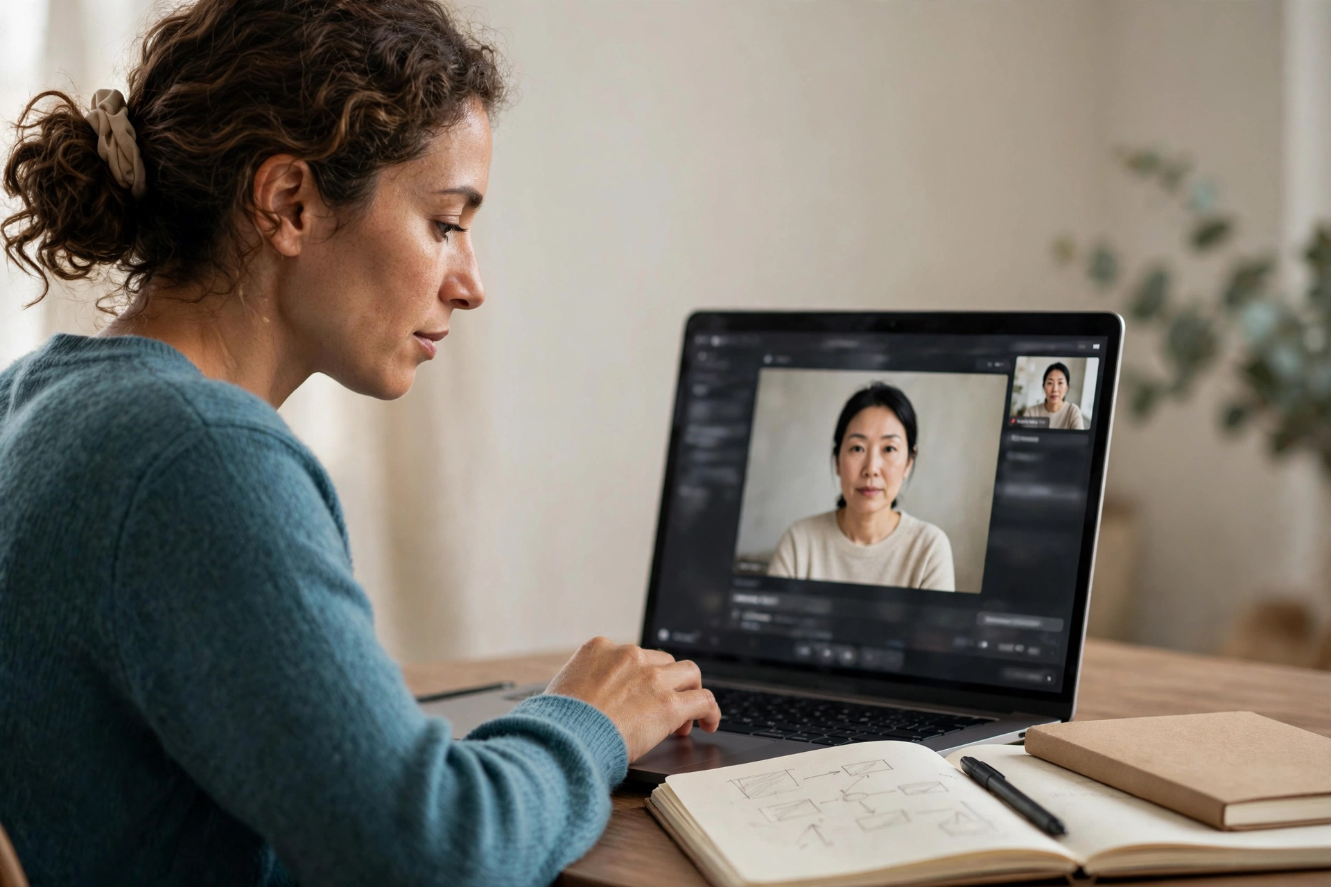 Profissional prepara uma mensagem comercial em mandarim para uma cliente chinesa em videochamada.