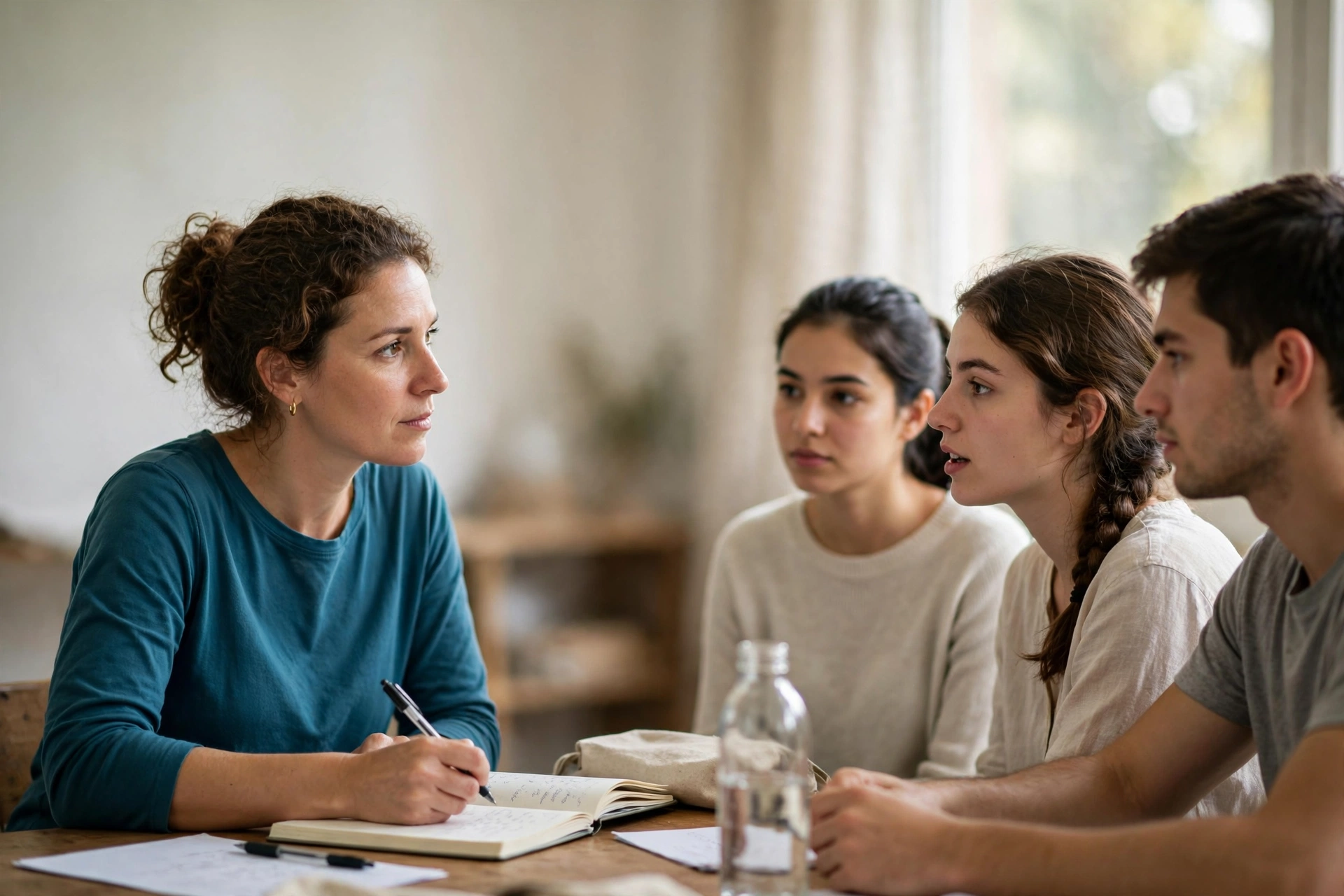 Professora acompanha uma atividade de conversação com alunos em uma turma pequena.