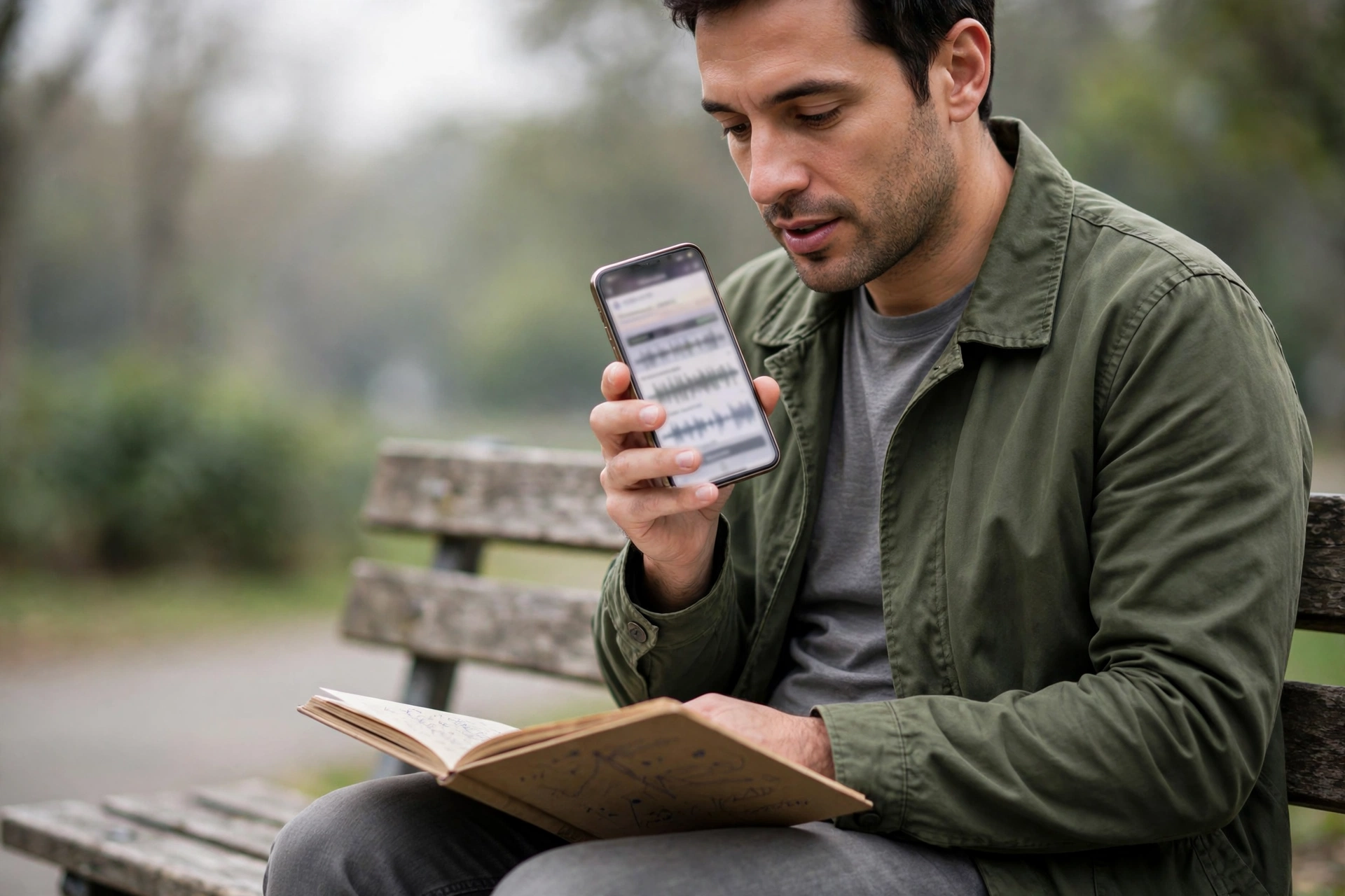 Homem em uma praça usa a transcrição automática do celular após falar uma frase em inglês.