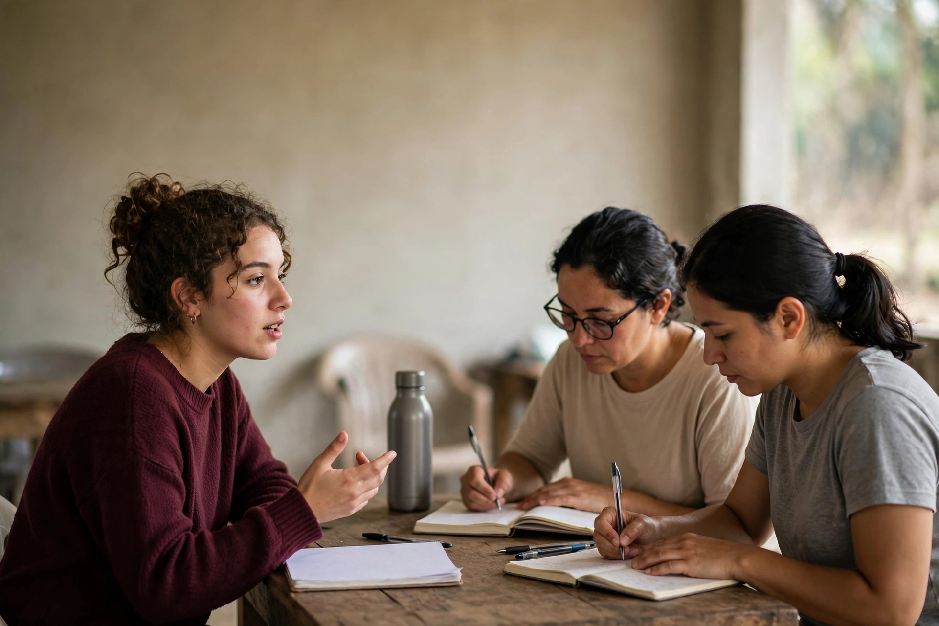 Participantes de um intercâmbio de idiomas testam palavras em inglês e registram o que compreenderam.