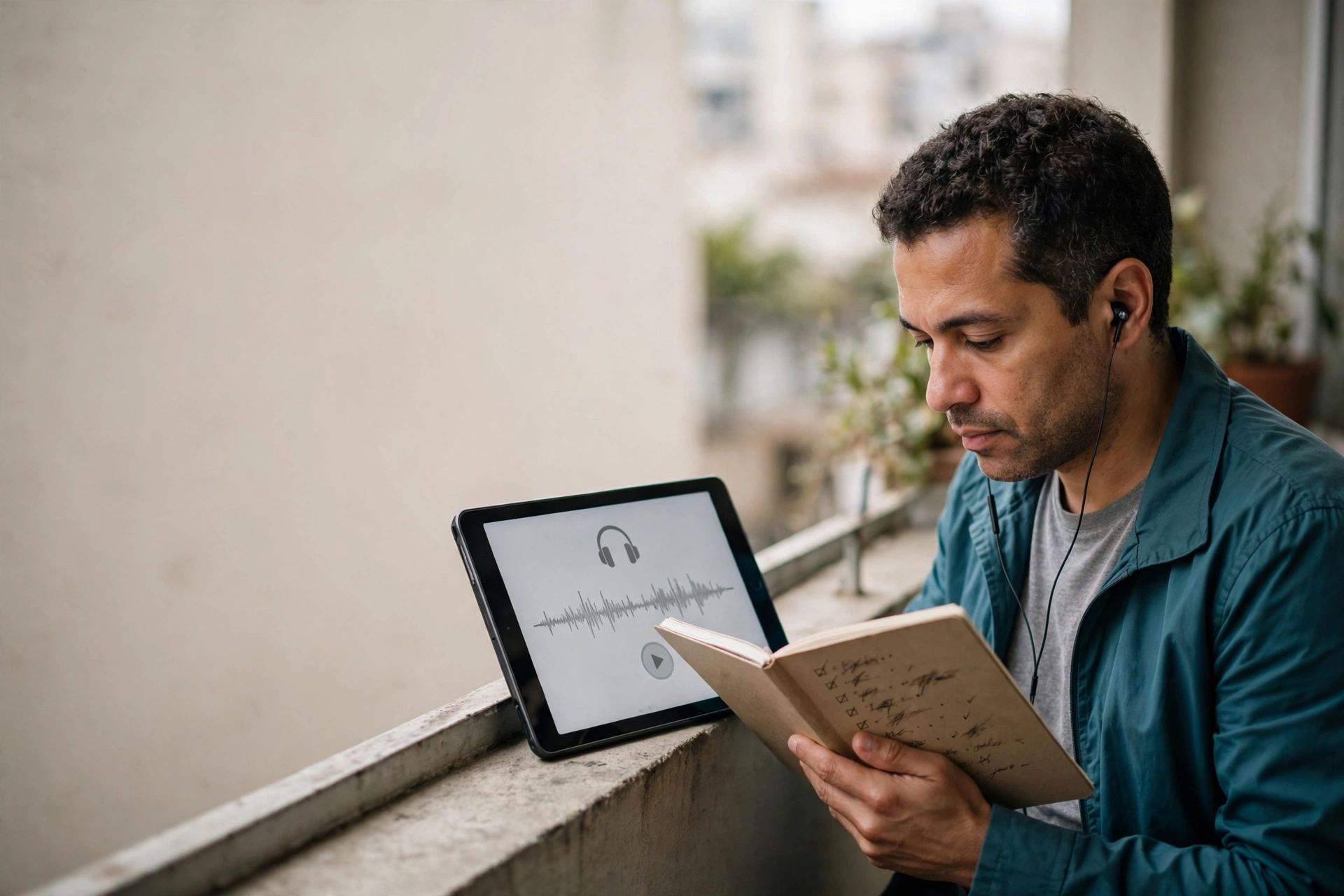 Homem testa uma lição de inglês no tablet sentado na varanda de casa.