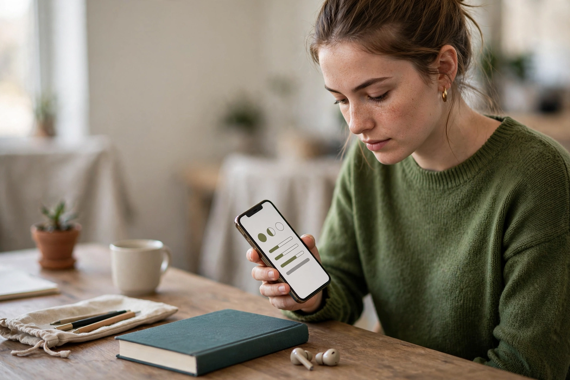 Jovem verifica exercícios de inglês de níveis diferentes no celular em um coworking.