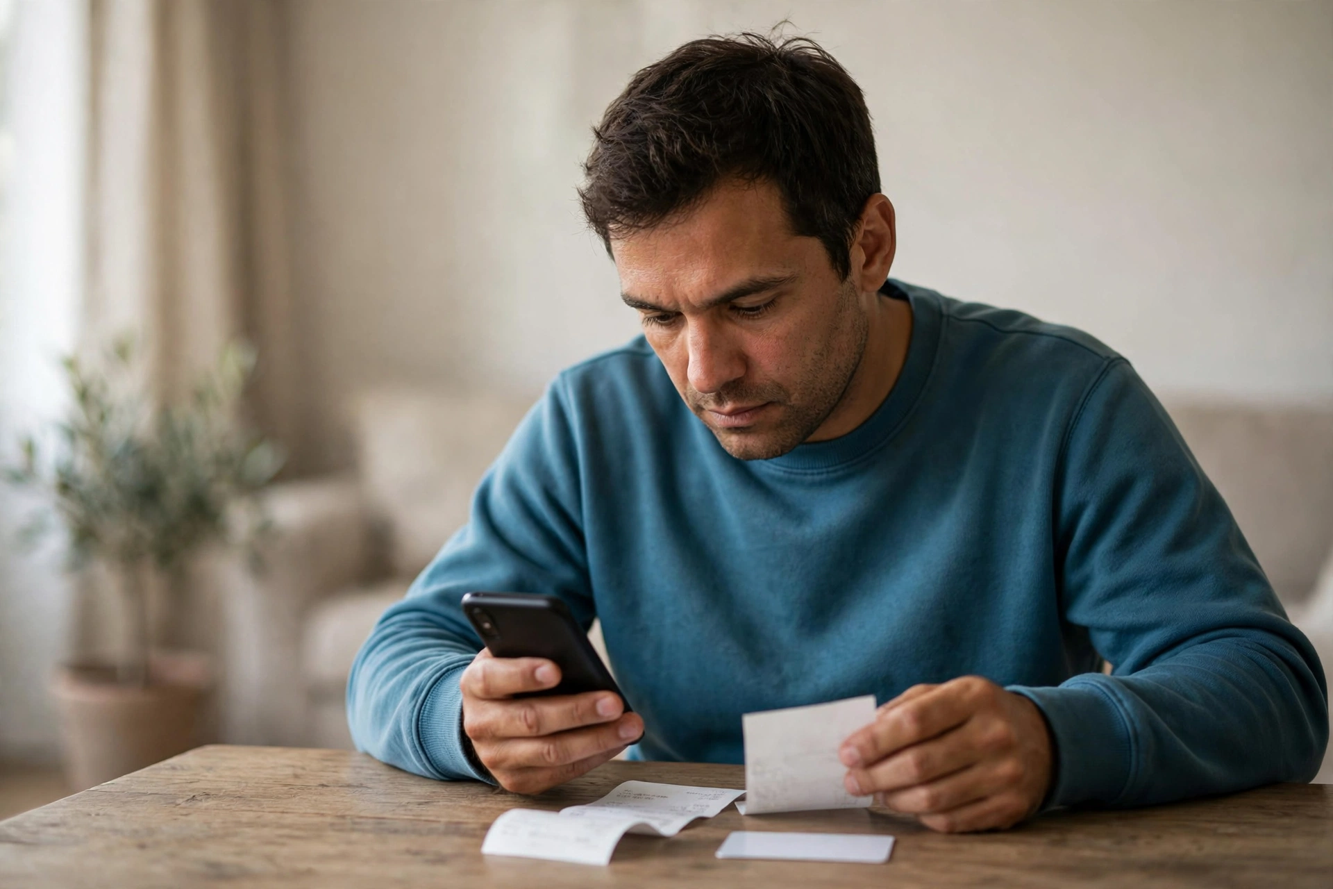 Homem confere documentos e dados da conta antes de pedir o cancelamento.