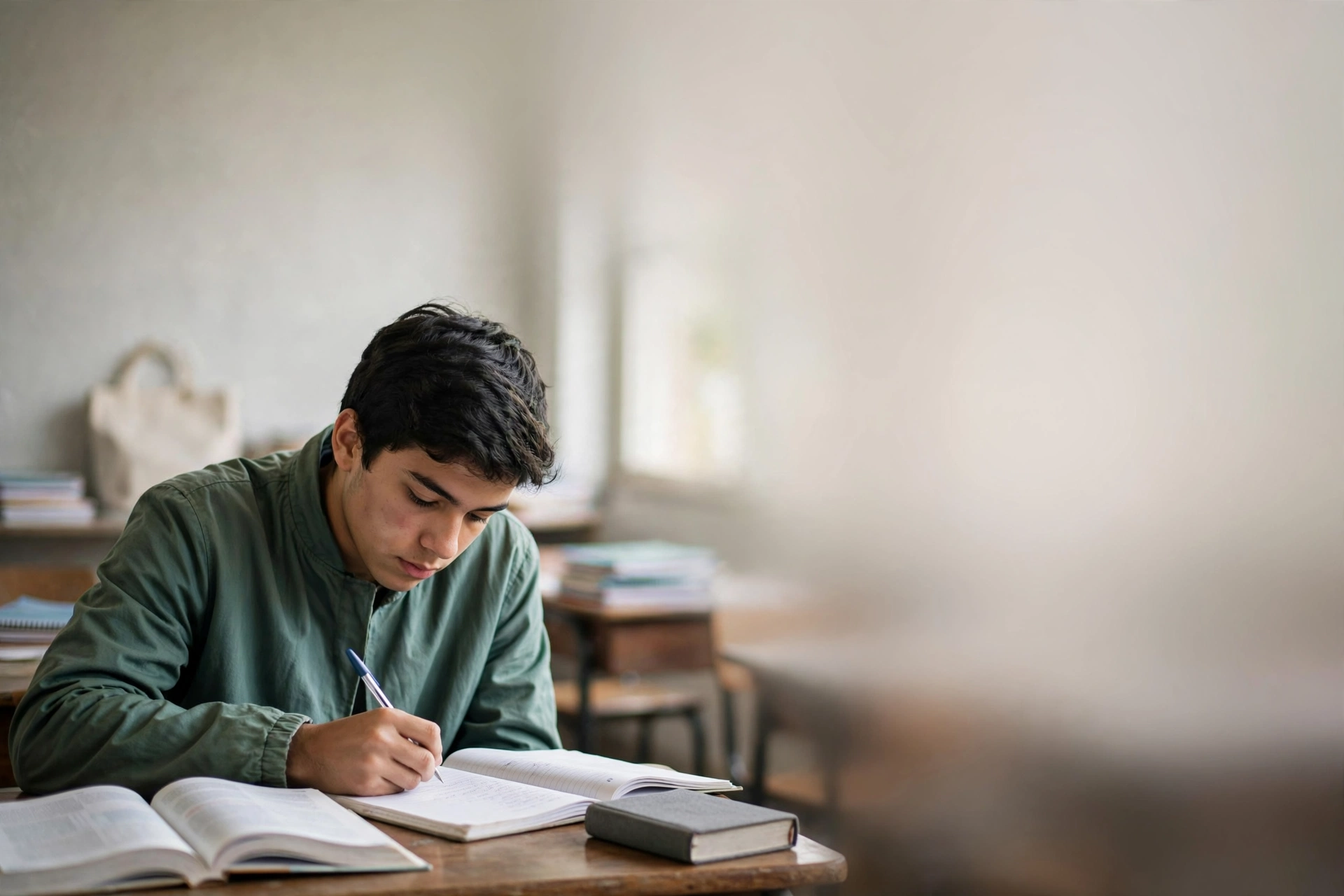 Estudante testa uma atividade de um livro de inglês e registra respostas no caderno.