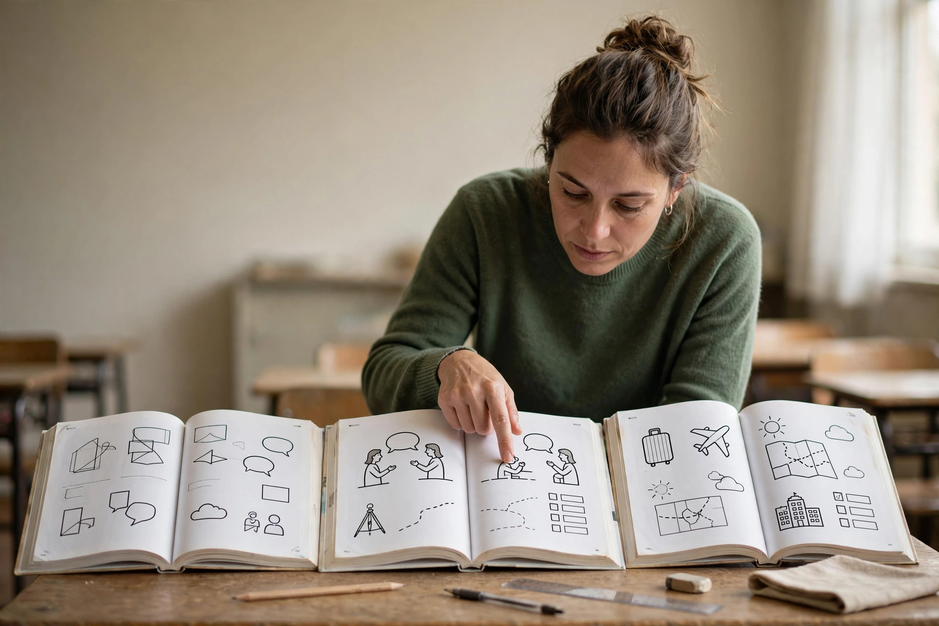 Professora examina a sequência de unidades de um livro didático de inglês sobre uma mesa.