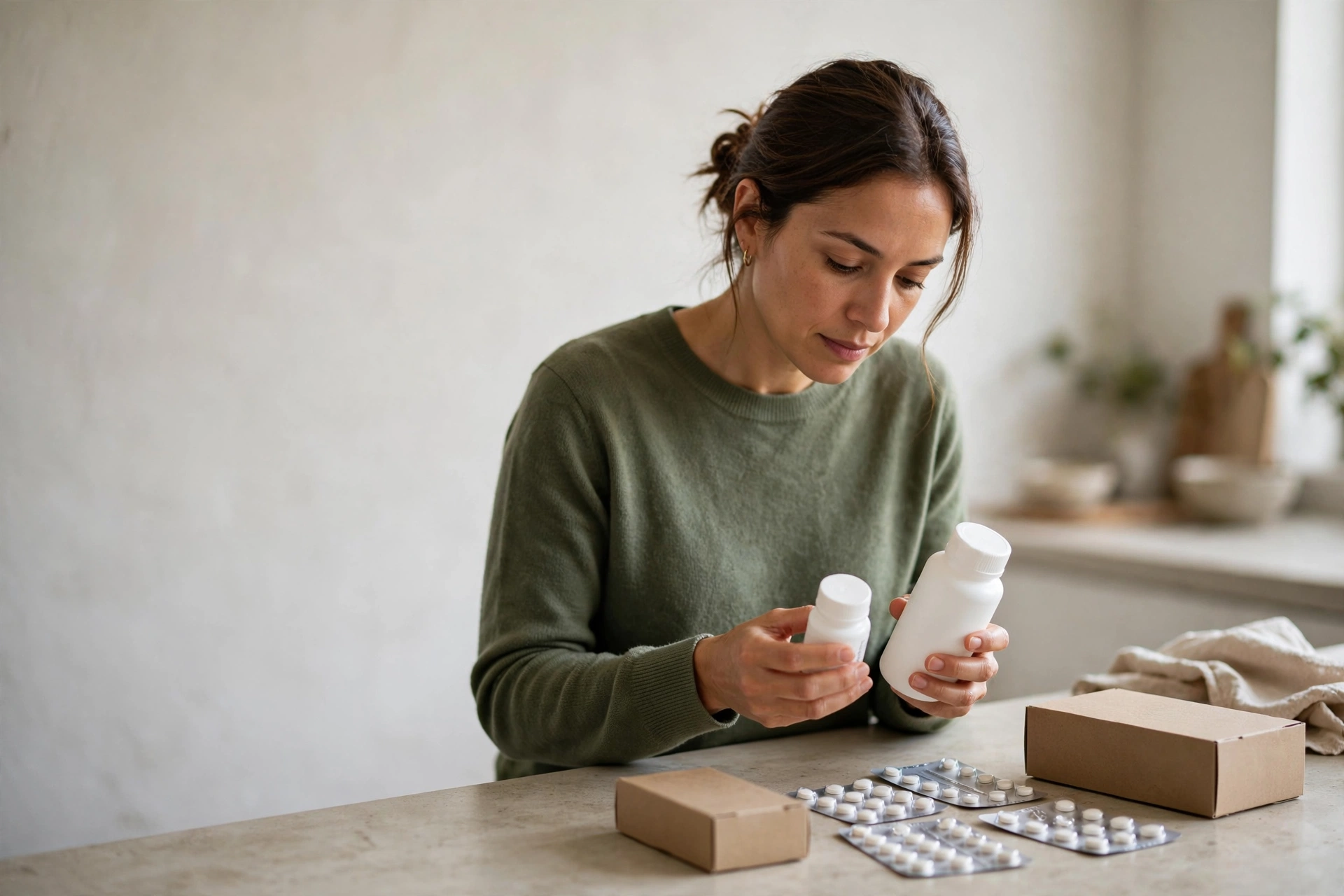 Mulher compara frascos, caixas e cartelas de medicamentos com quantidades diferentes no balcão da cozinha.