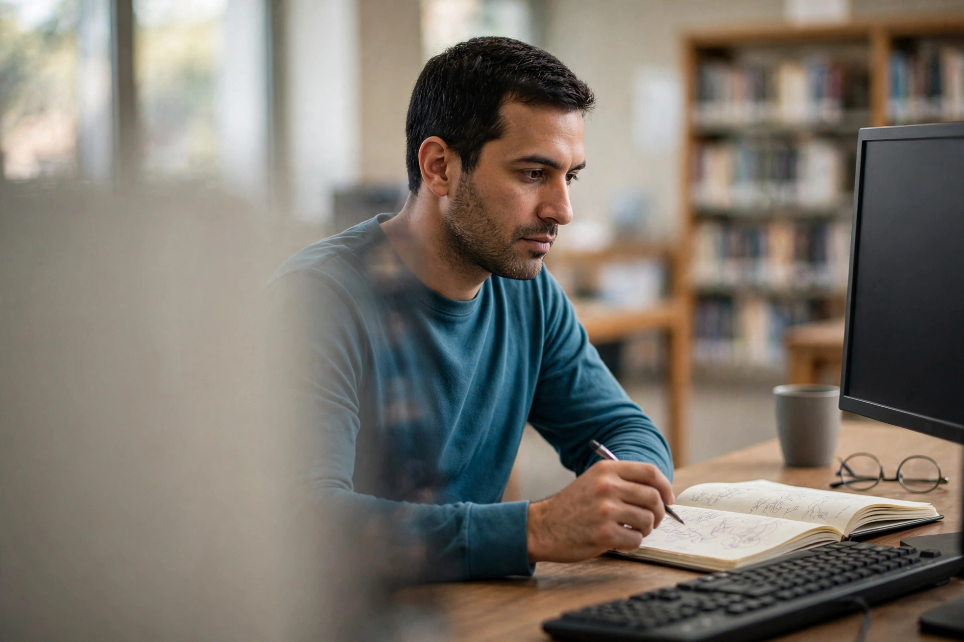 Homem consulta informações em um computador de biblioteca com um caderno aberto ao lado.