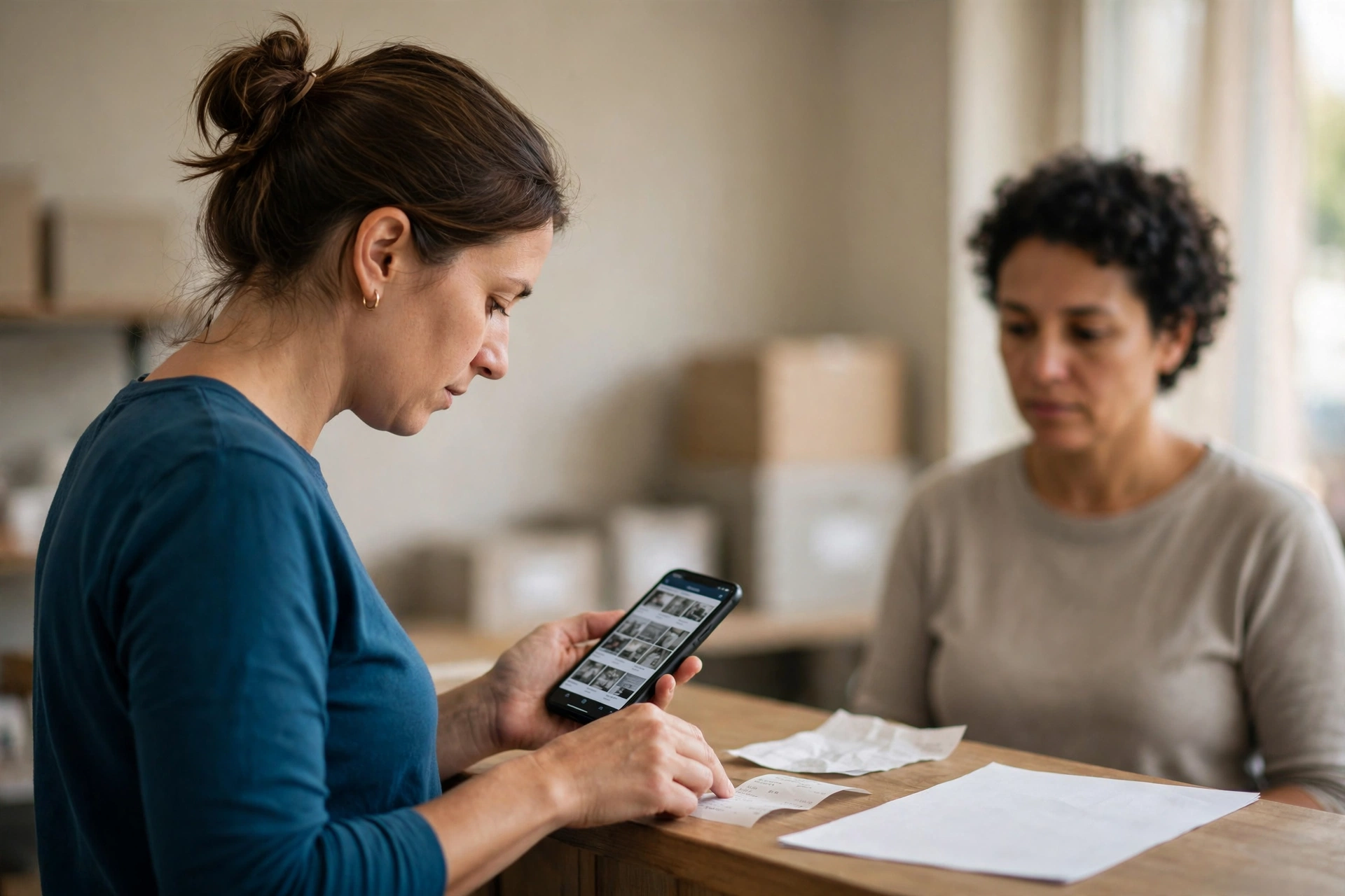 Cliente organiza documentos e telas do celular no balcão de atendimento de uma loja.